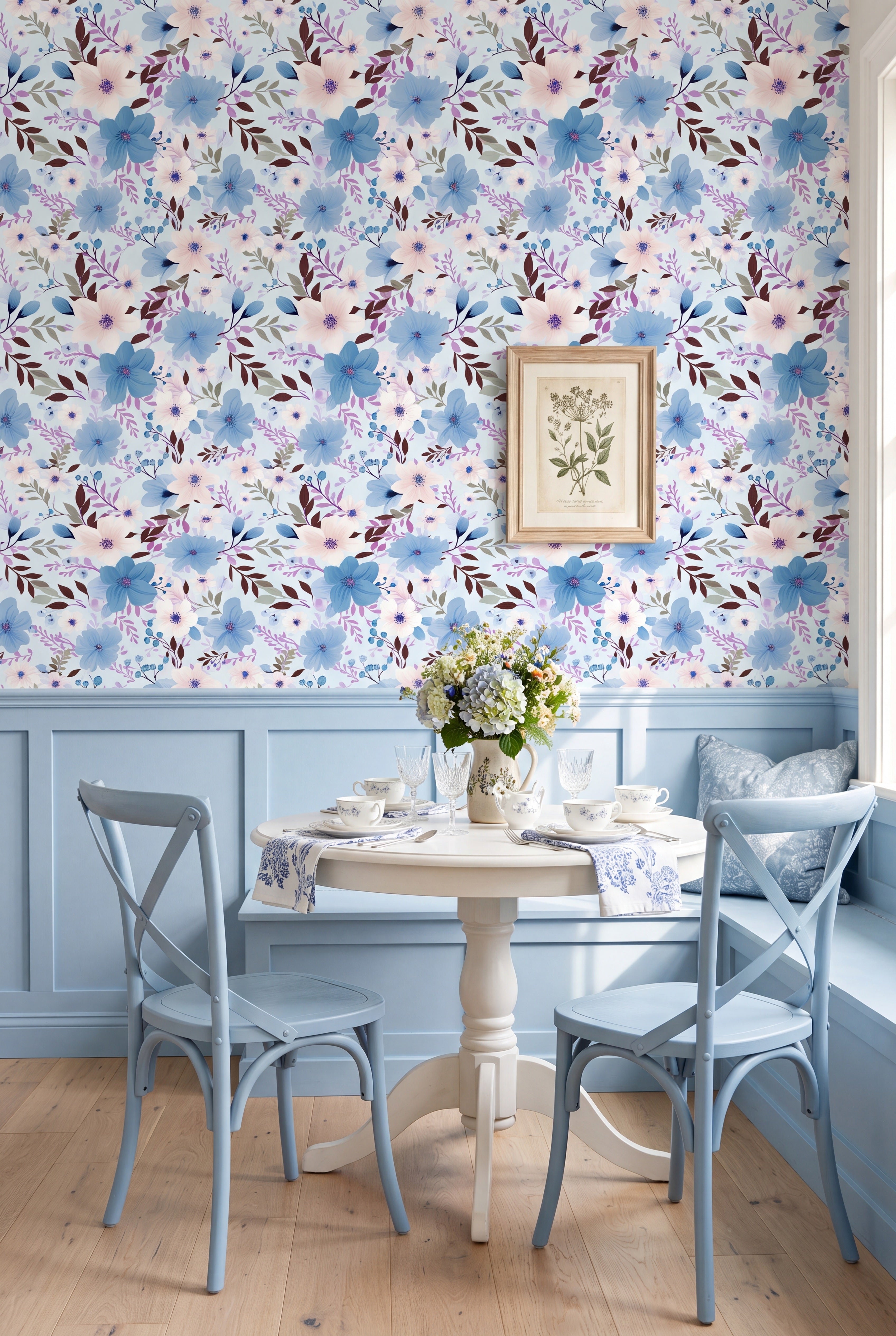 Bluebell Daydream wallpaper shown in a cozy nook