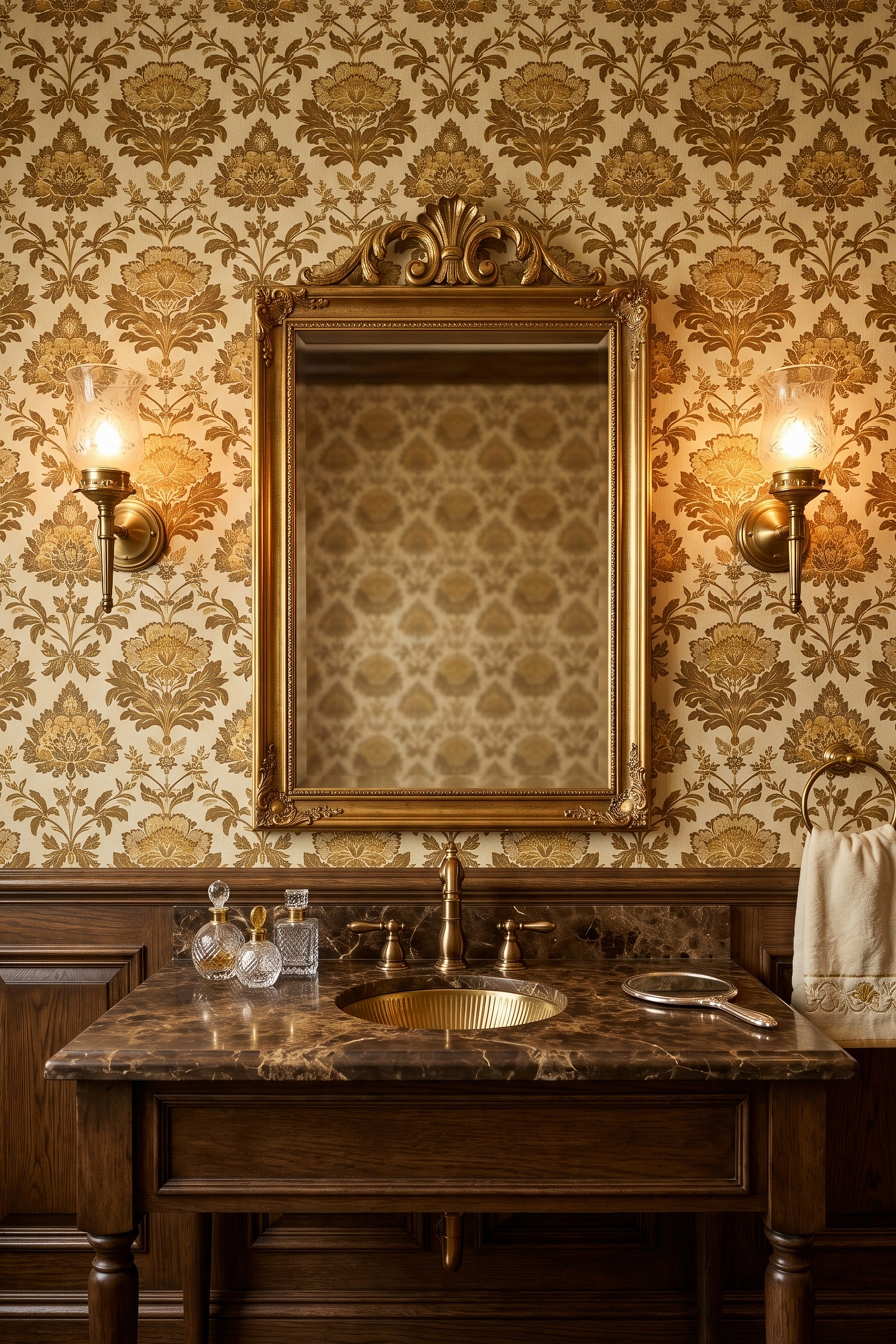 Gilded Damask wallpaper shown in a powder room