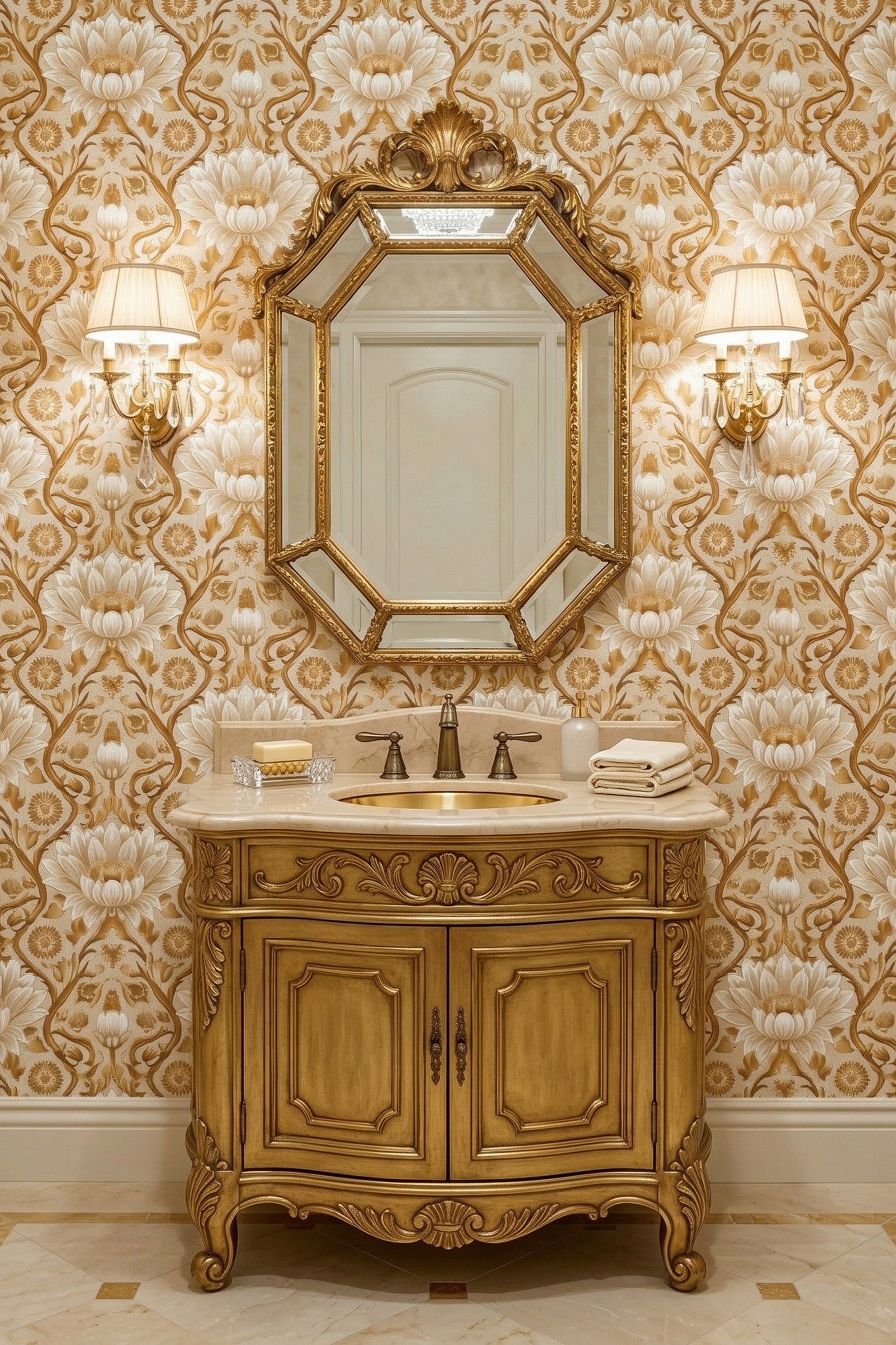 Golden Lotus wallpaper shown in a powder room