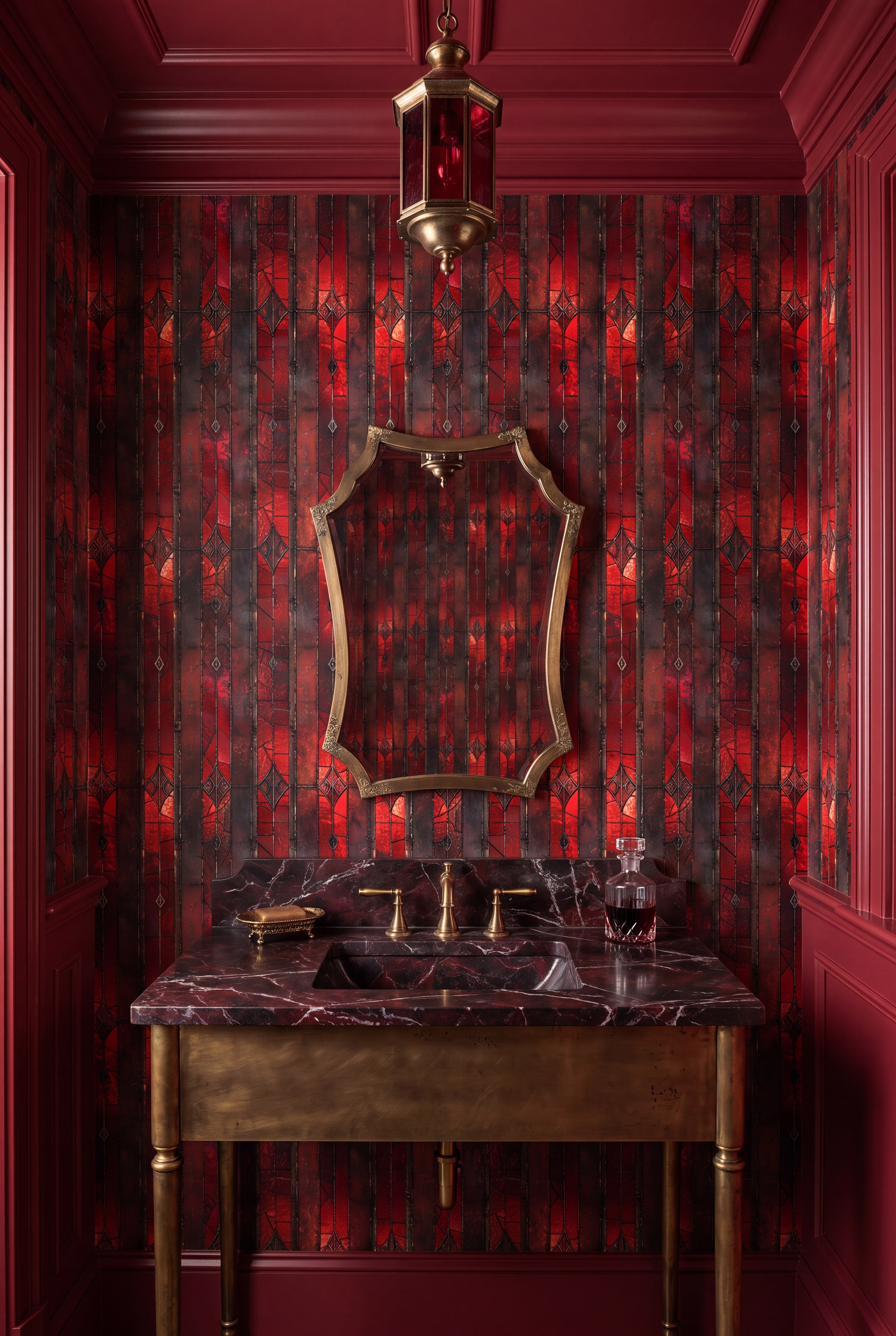 Crimson Glass wallpaper shown in a powder room