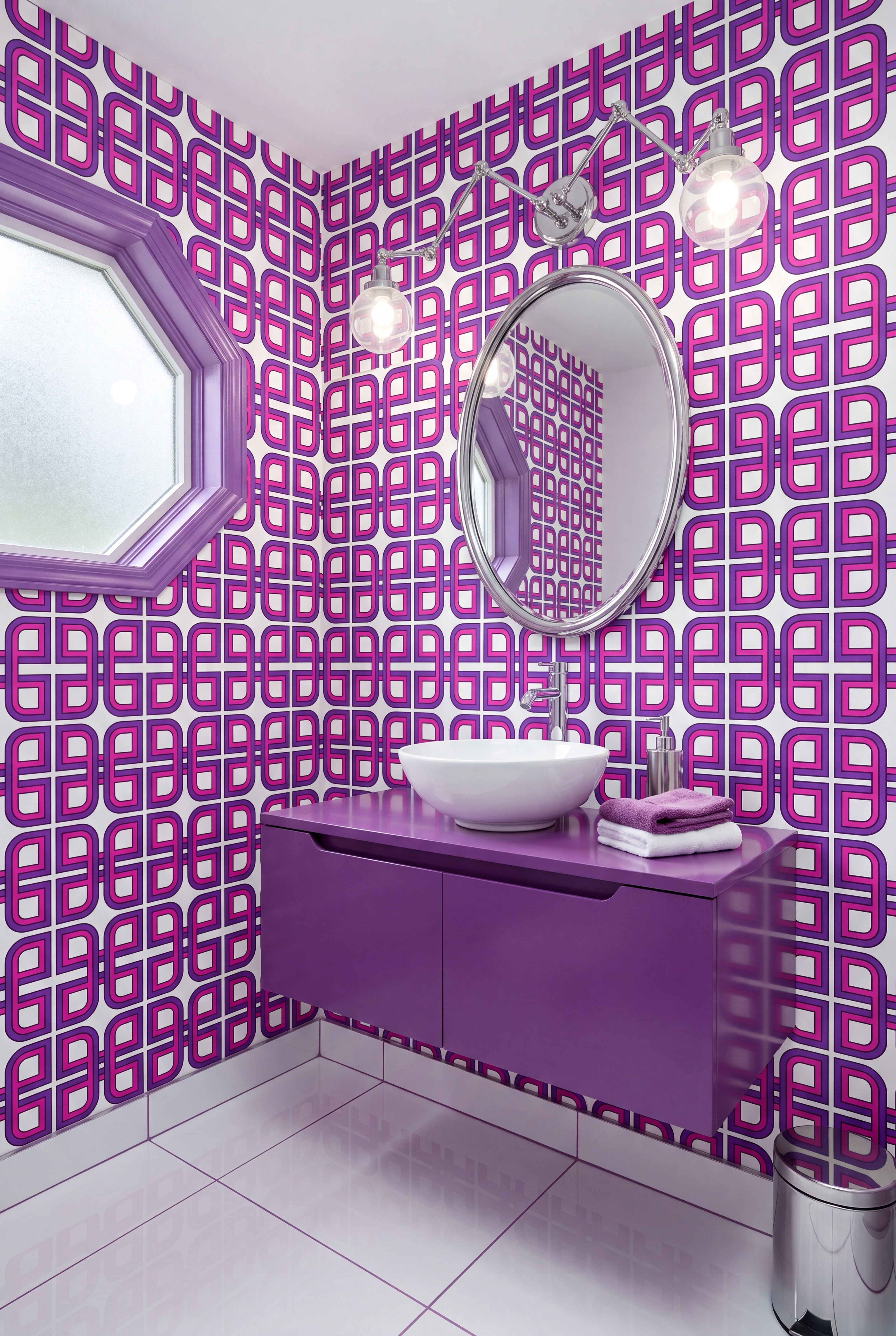 Rewind wallpaper shown in a powder room
