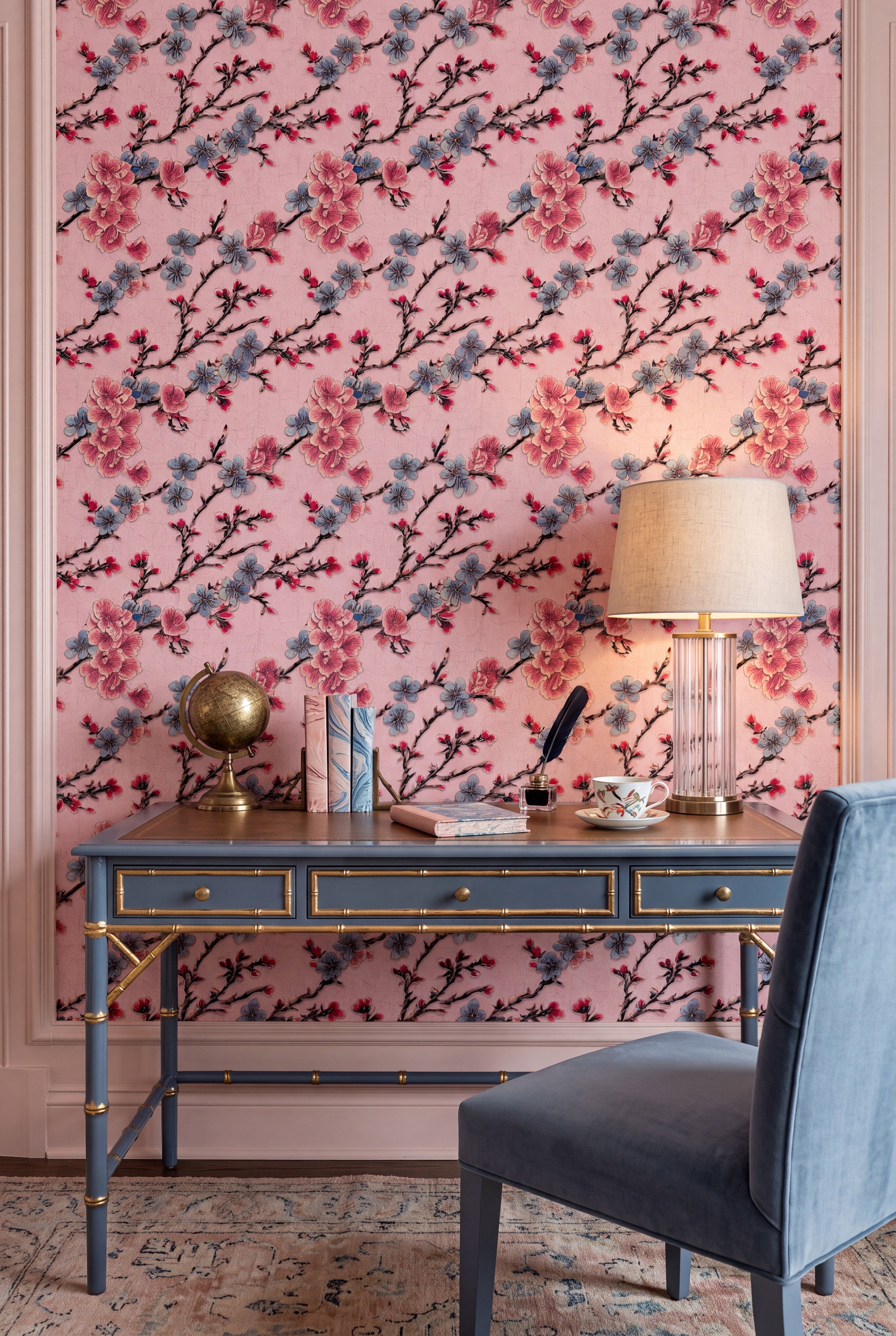 Sakura Blush wallpaper shown in a home office