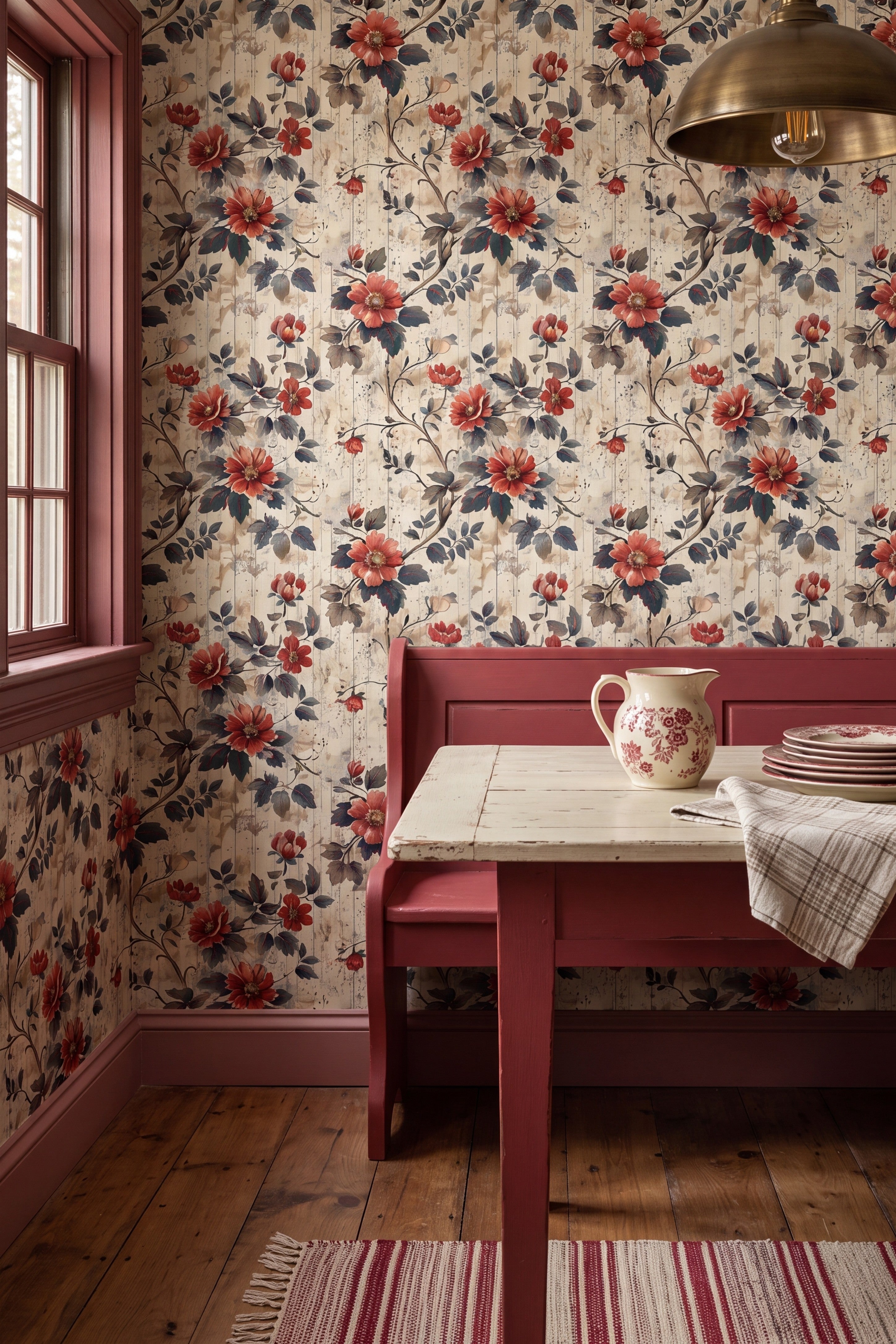 Rustic Rose wallpaper shown in a cozy nook