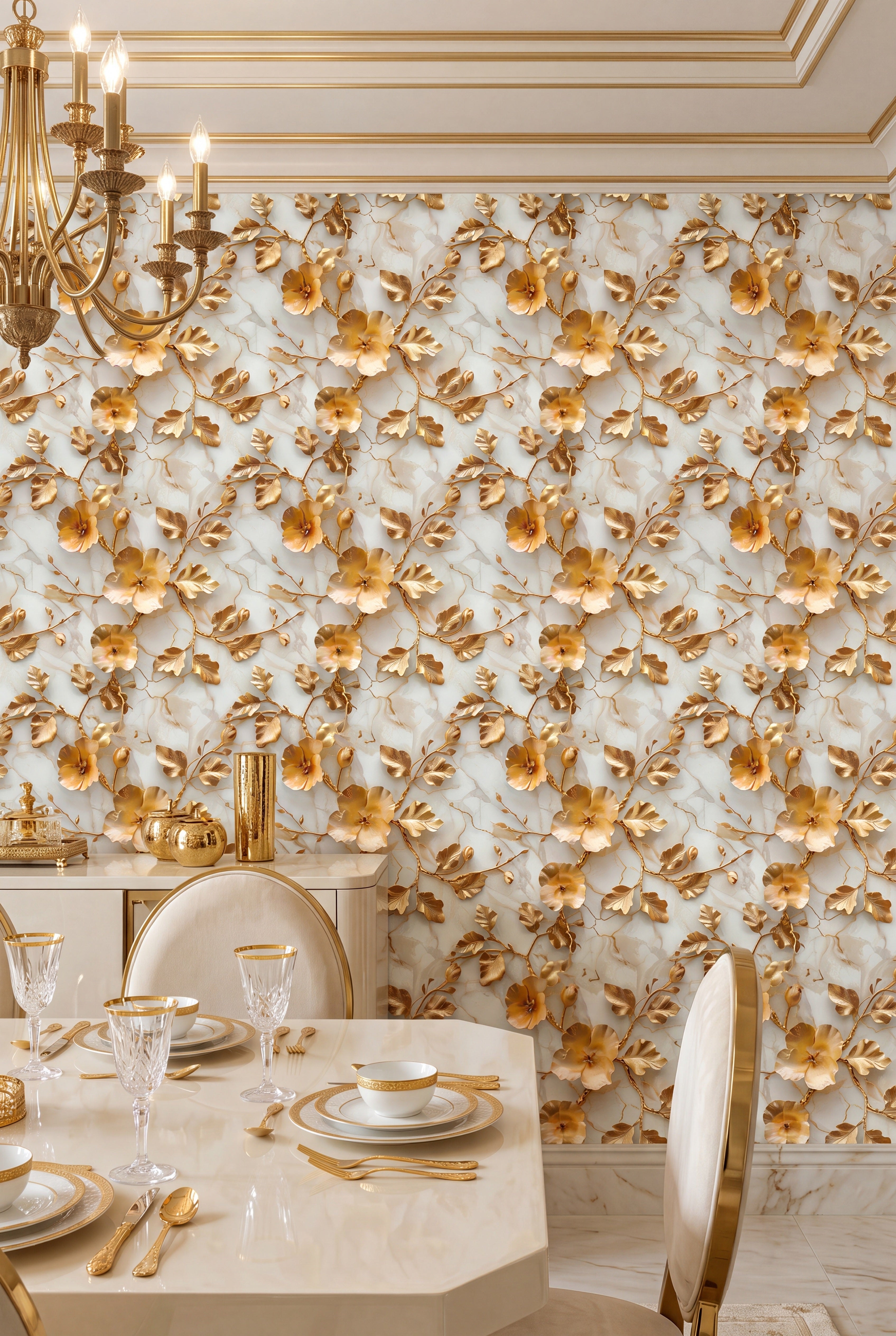 Midas Bloom wallpaper shown in a dining room