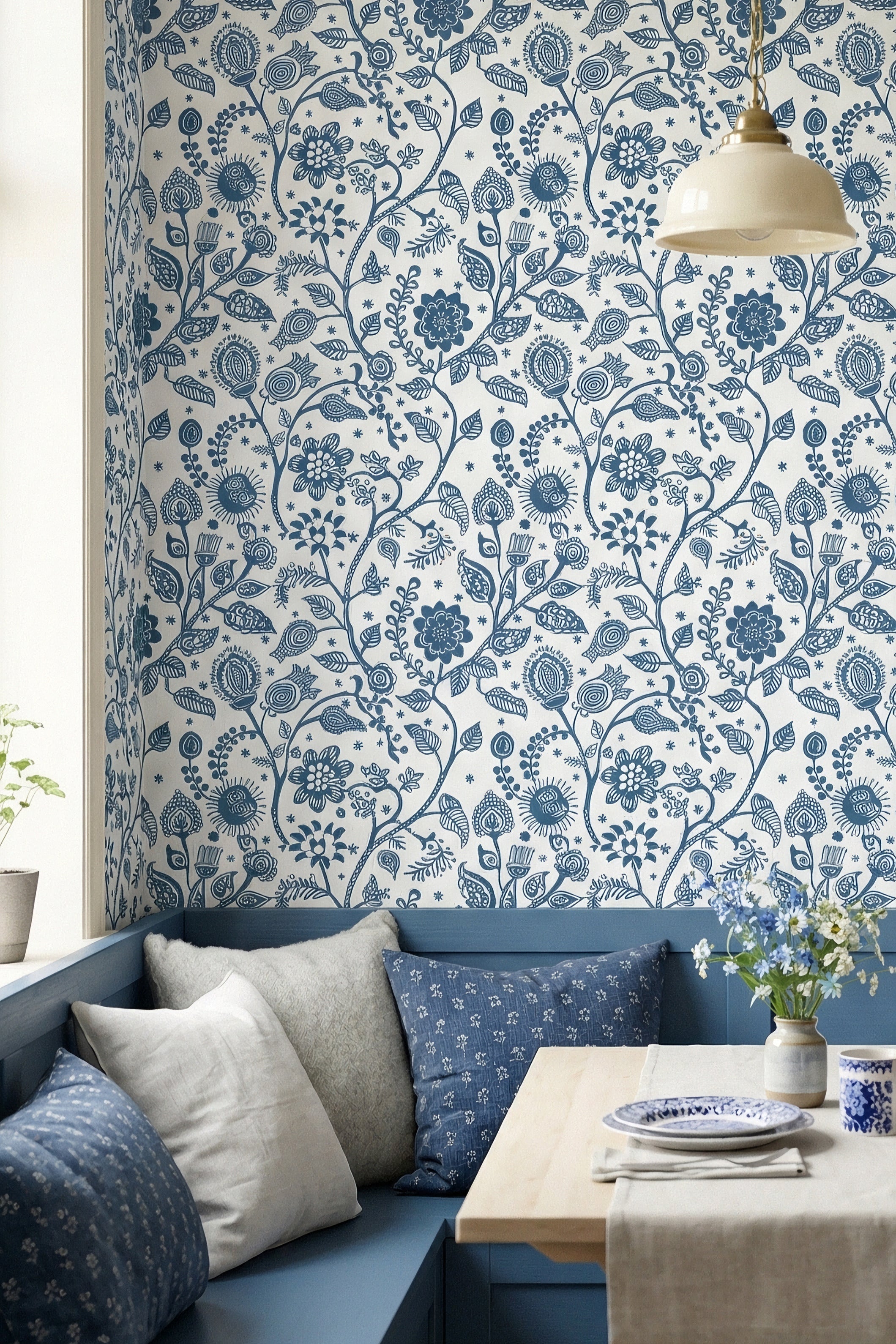 Blue Folk wallpaper shown in a cozy nook