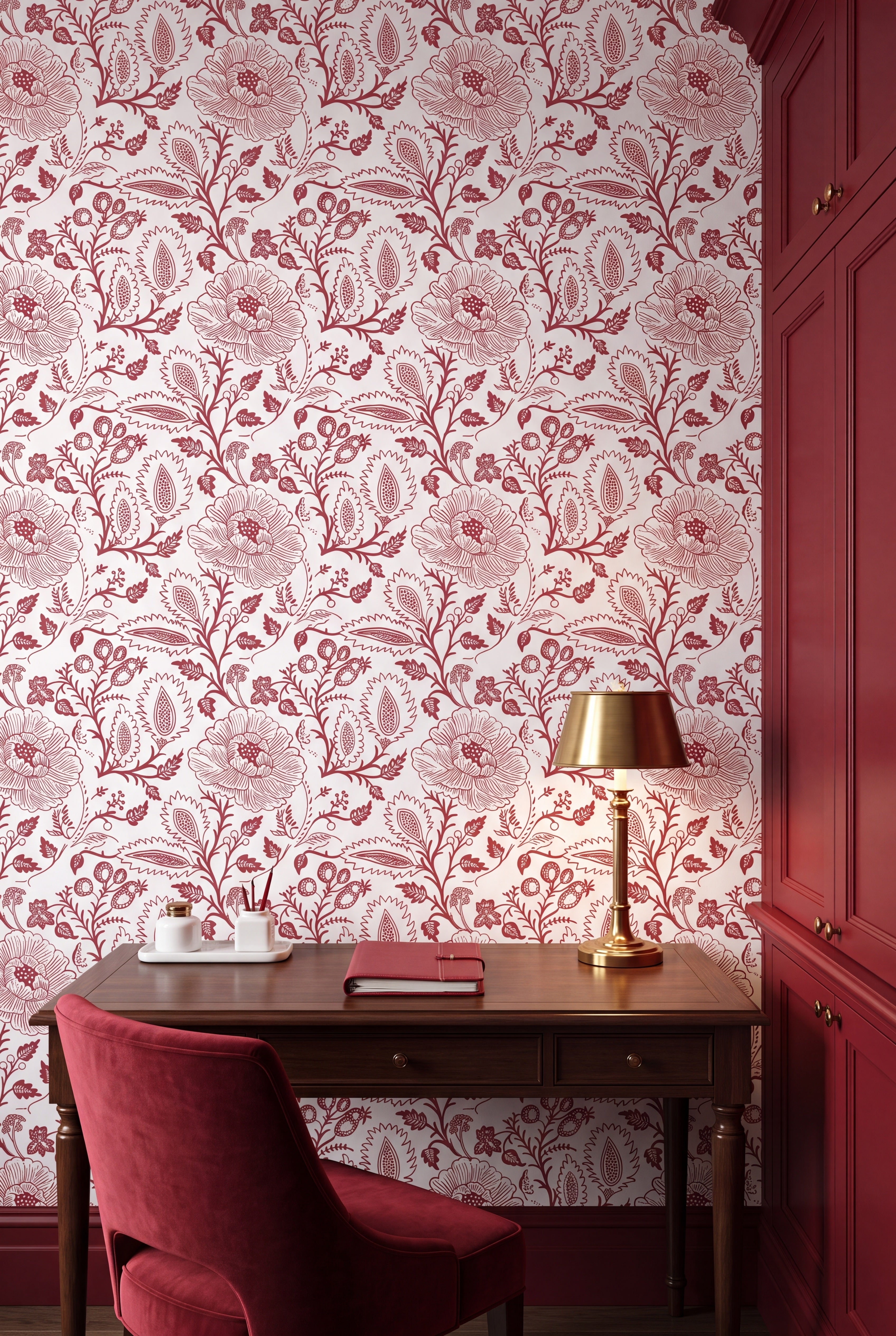 Scarlet Folk wallpaper shown in a home office