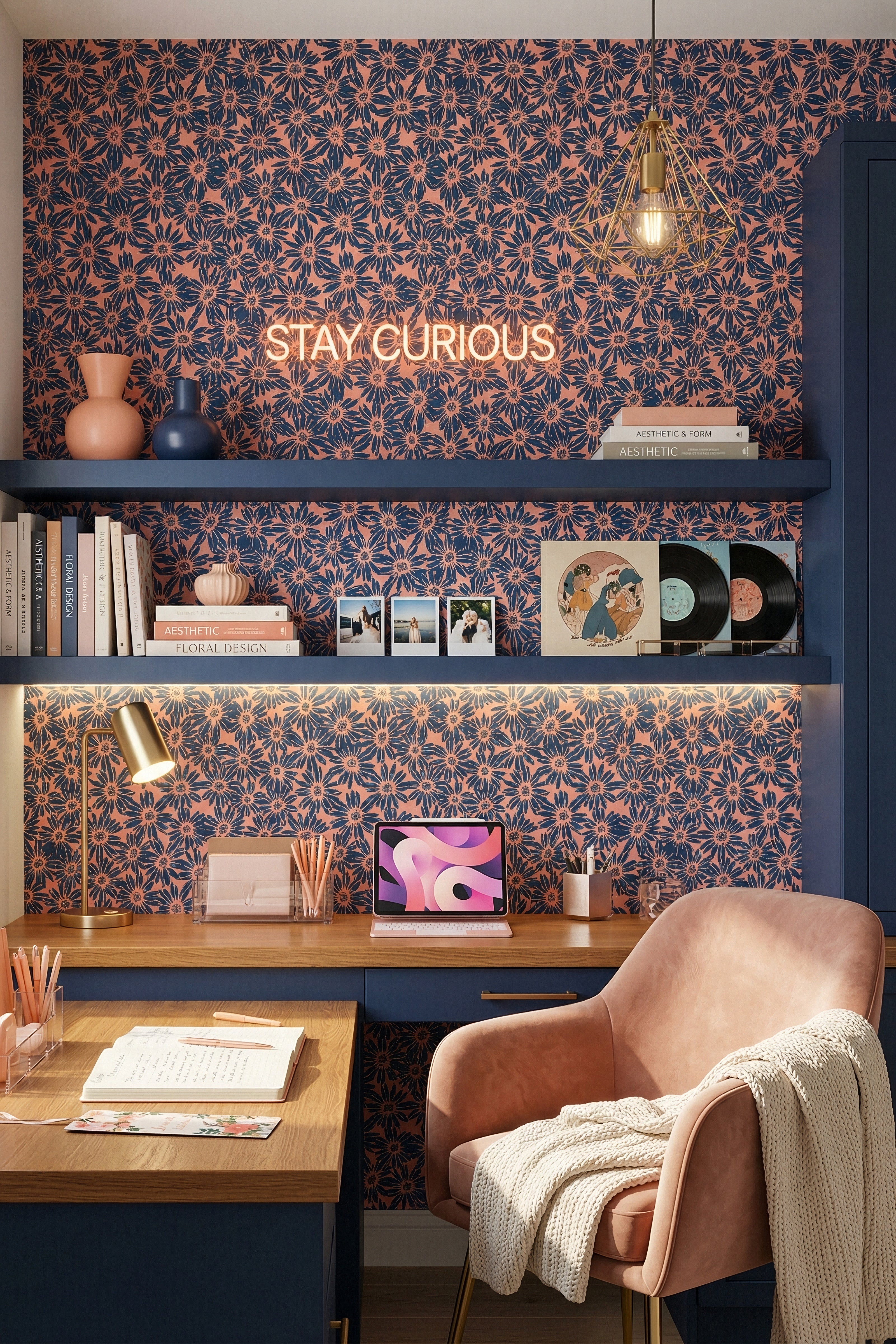 Daisy Jam wallpaper shown in a home office