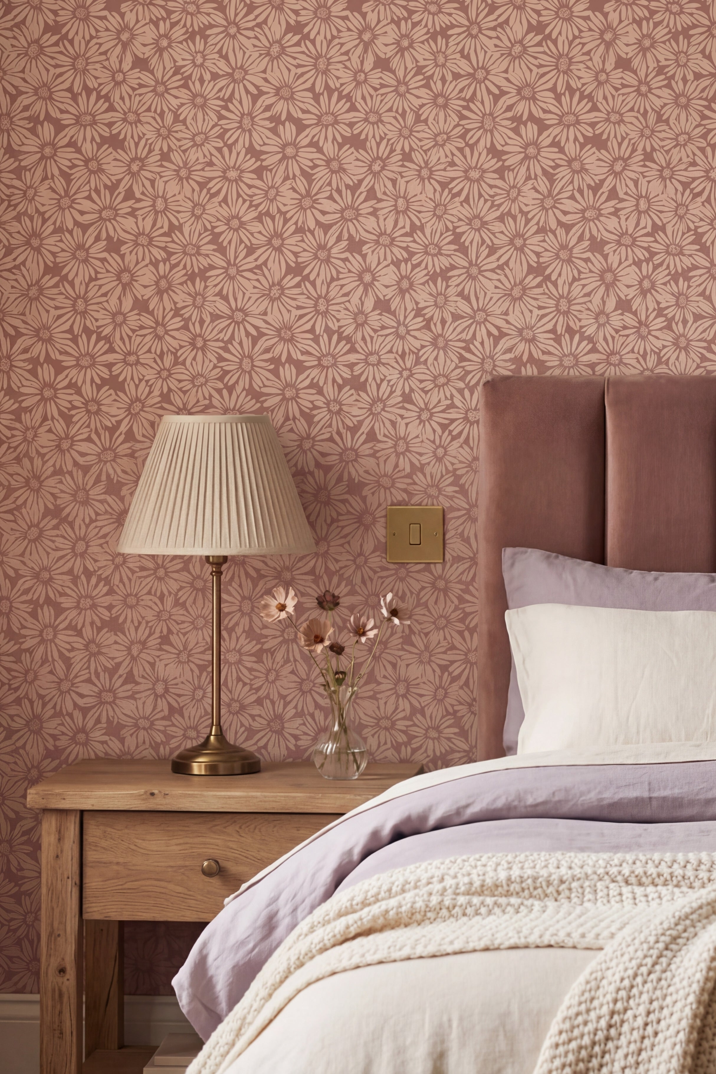 Mocha Daisy wallpaper shown in a bedroom