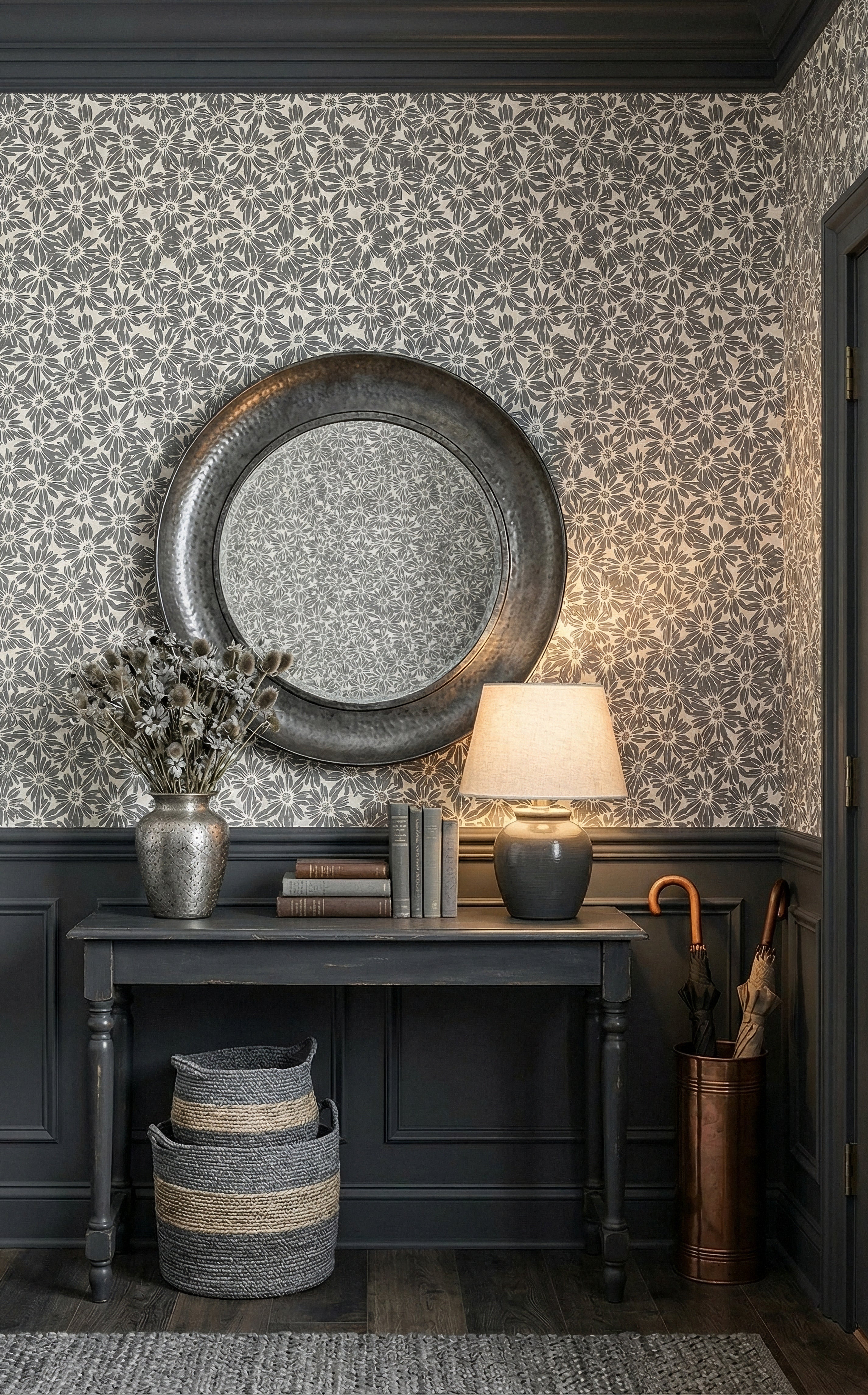 Dove Daisy wallpaper shown in an entryway