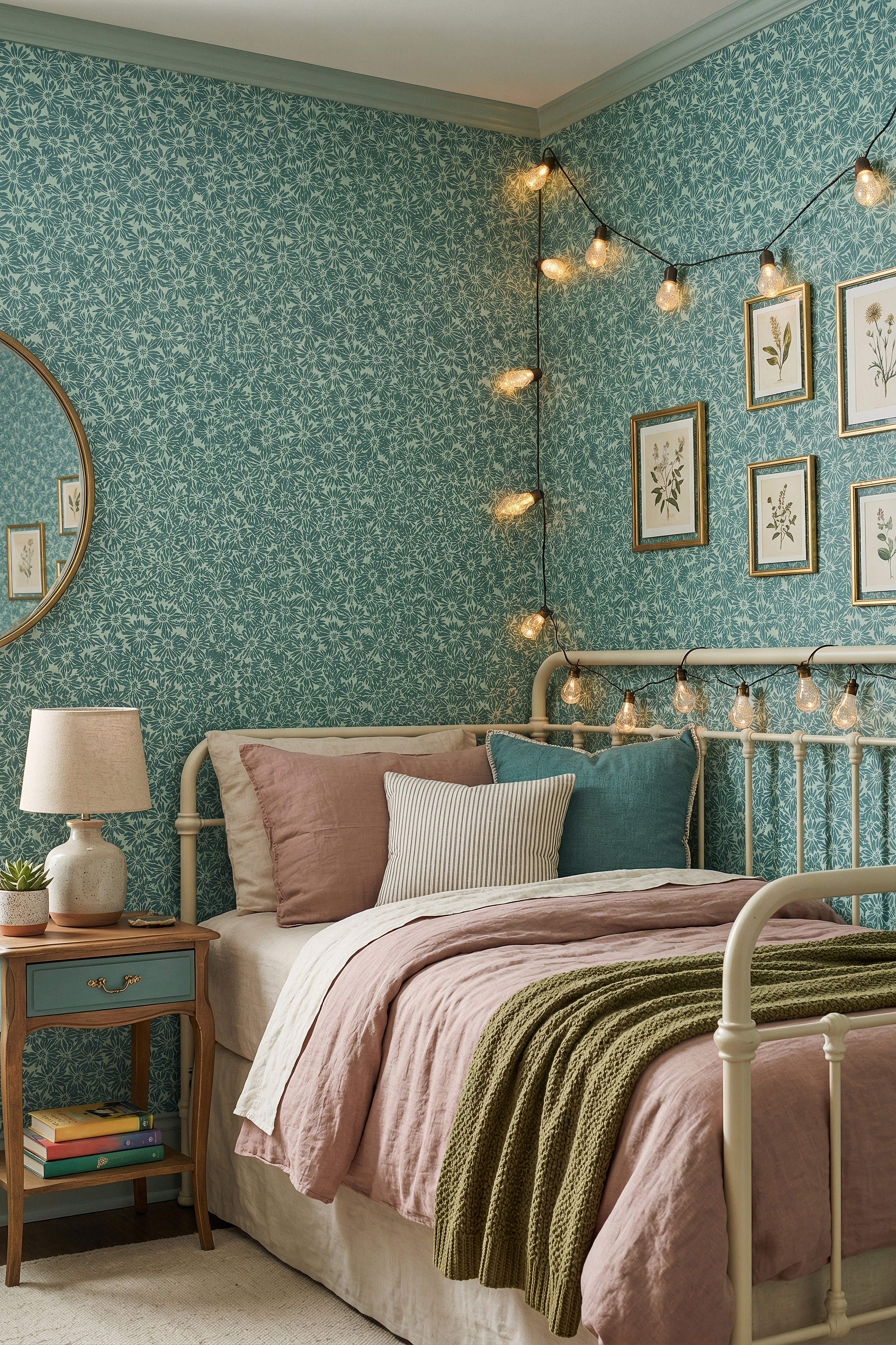 Whoopsie Daisy wallpaper shown in a bedroom
