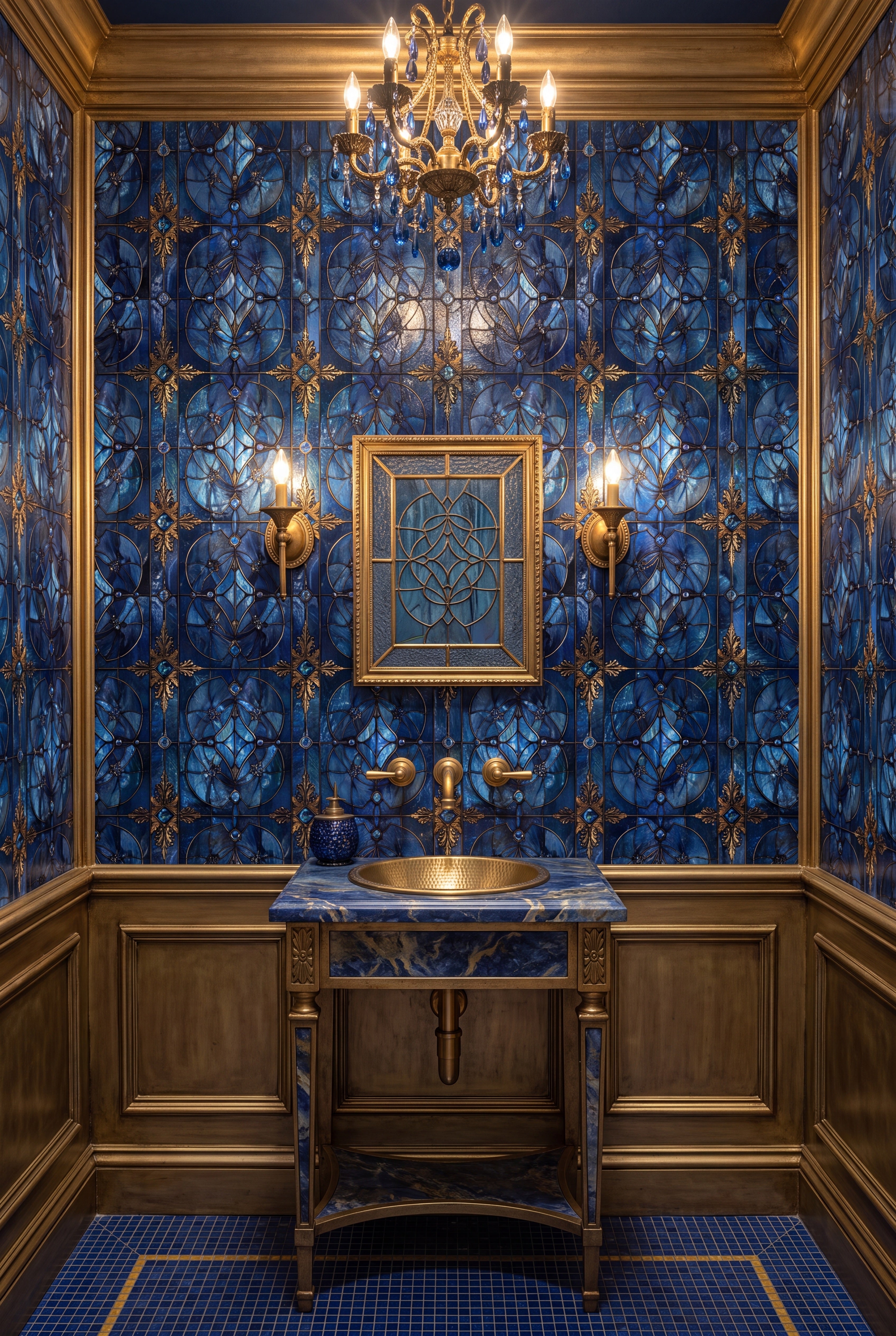 Cathedral Blue wallpaper shown in a powder room