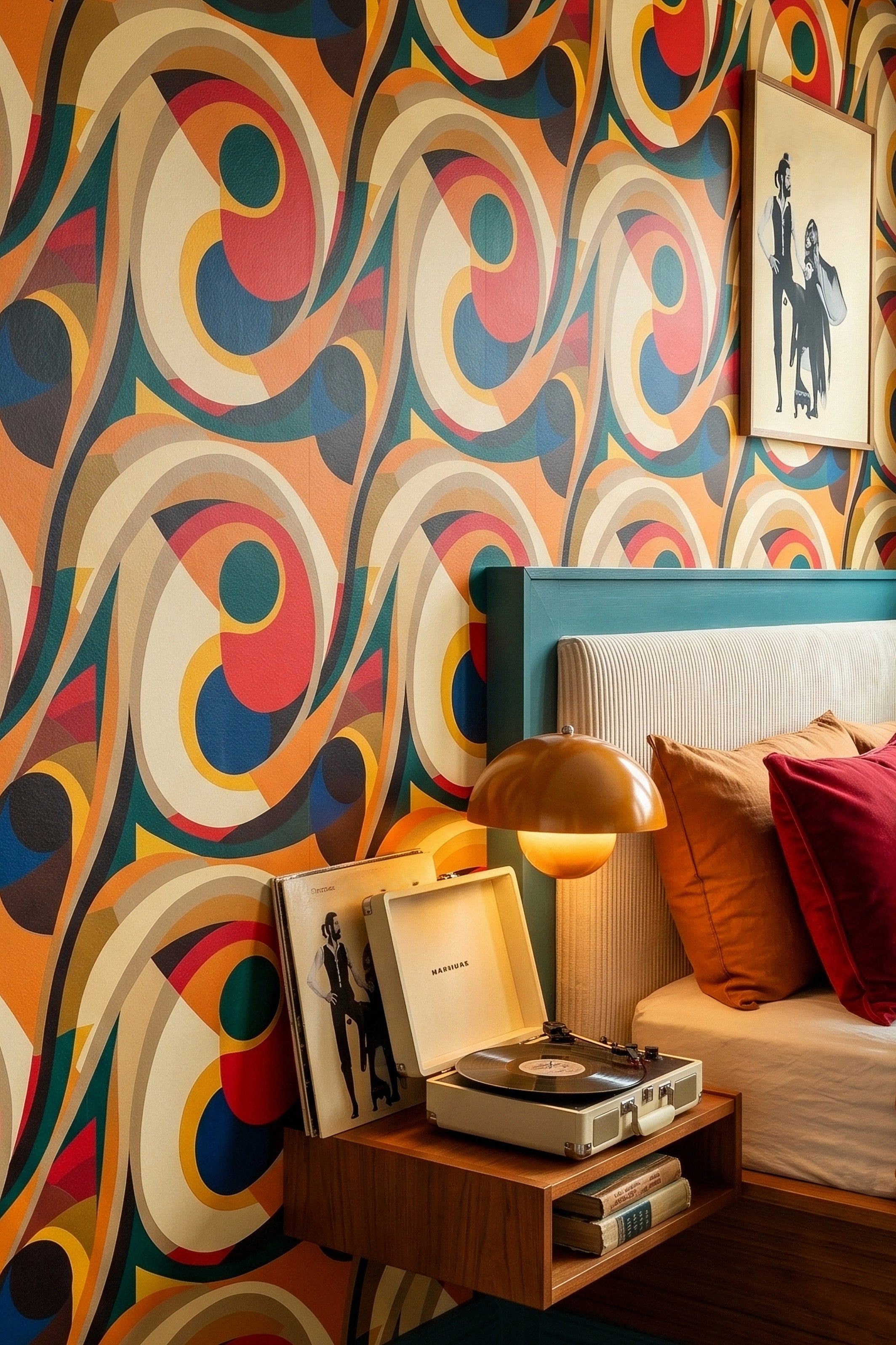 Groove Theory wallpaper shown in a bedroom