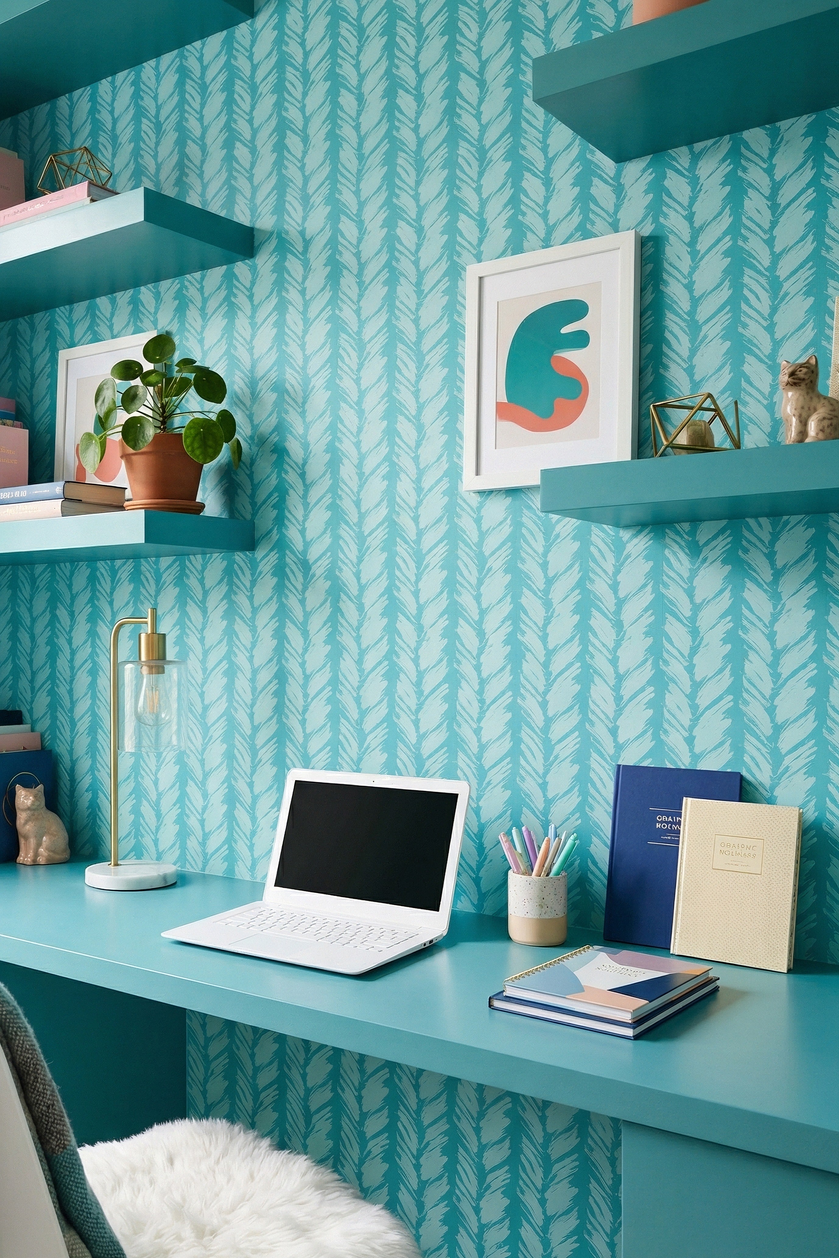 Teal Cabana wallpaper shown in a home office