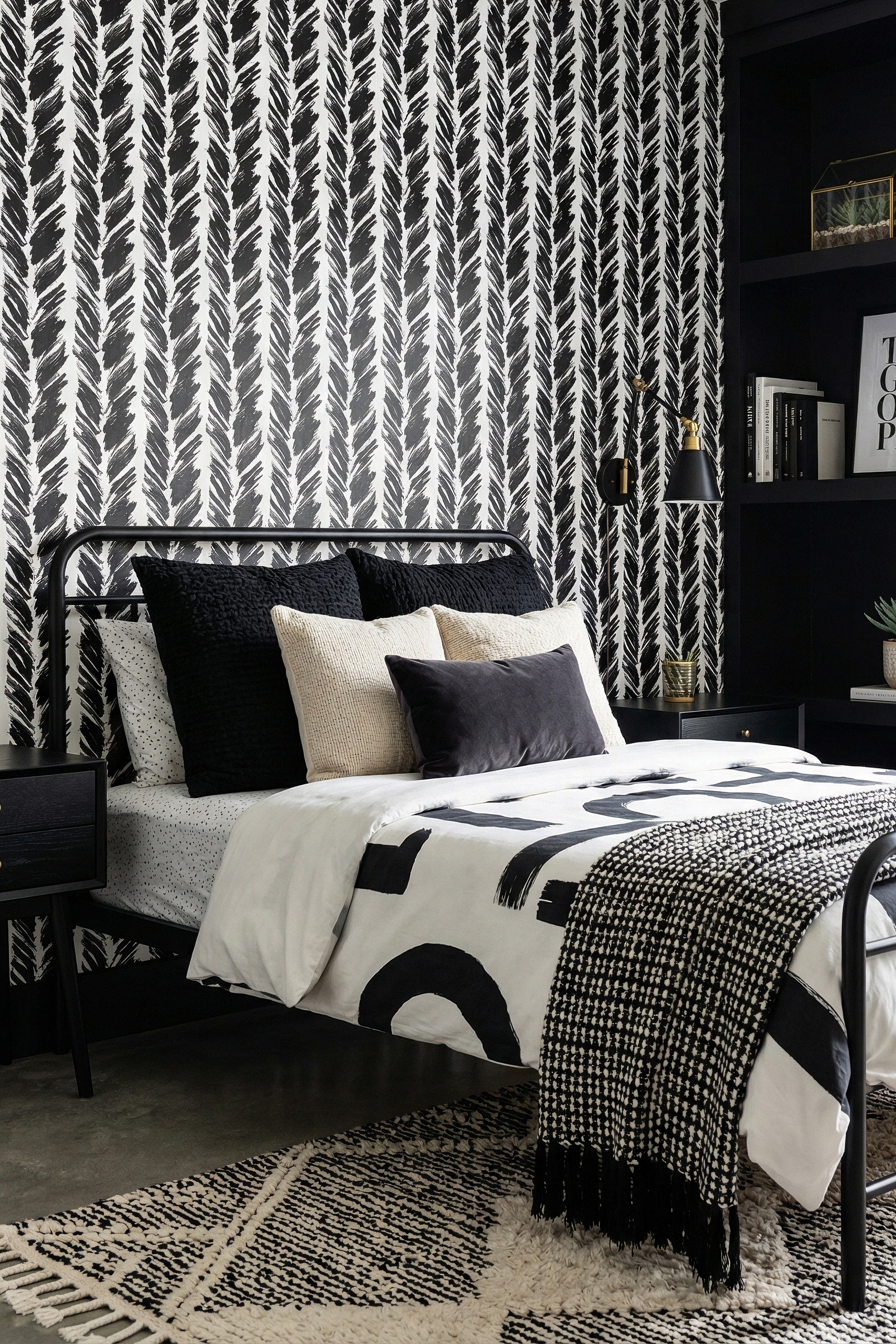 Tuxedo wallpaper shown in a bedroom