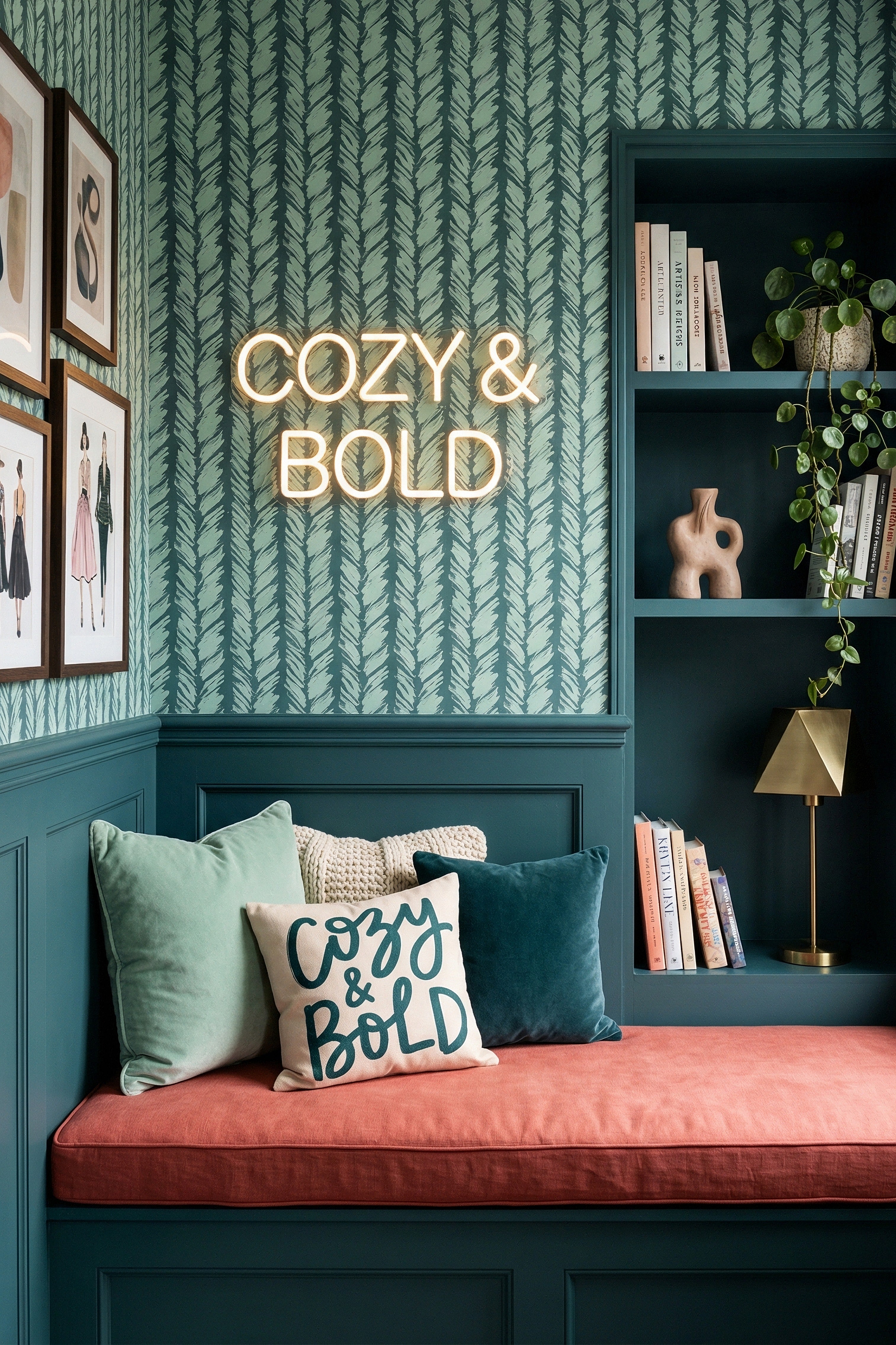 Mint Brush wallpaper shown in a cozy nook