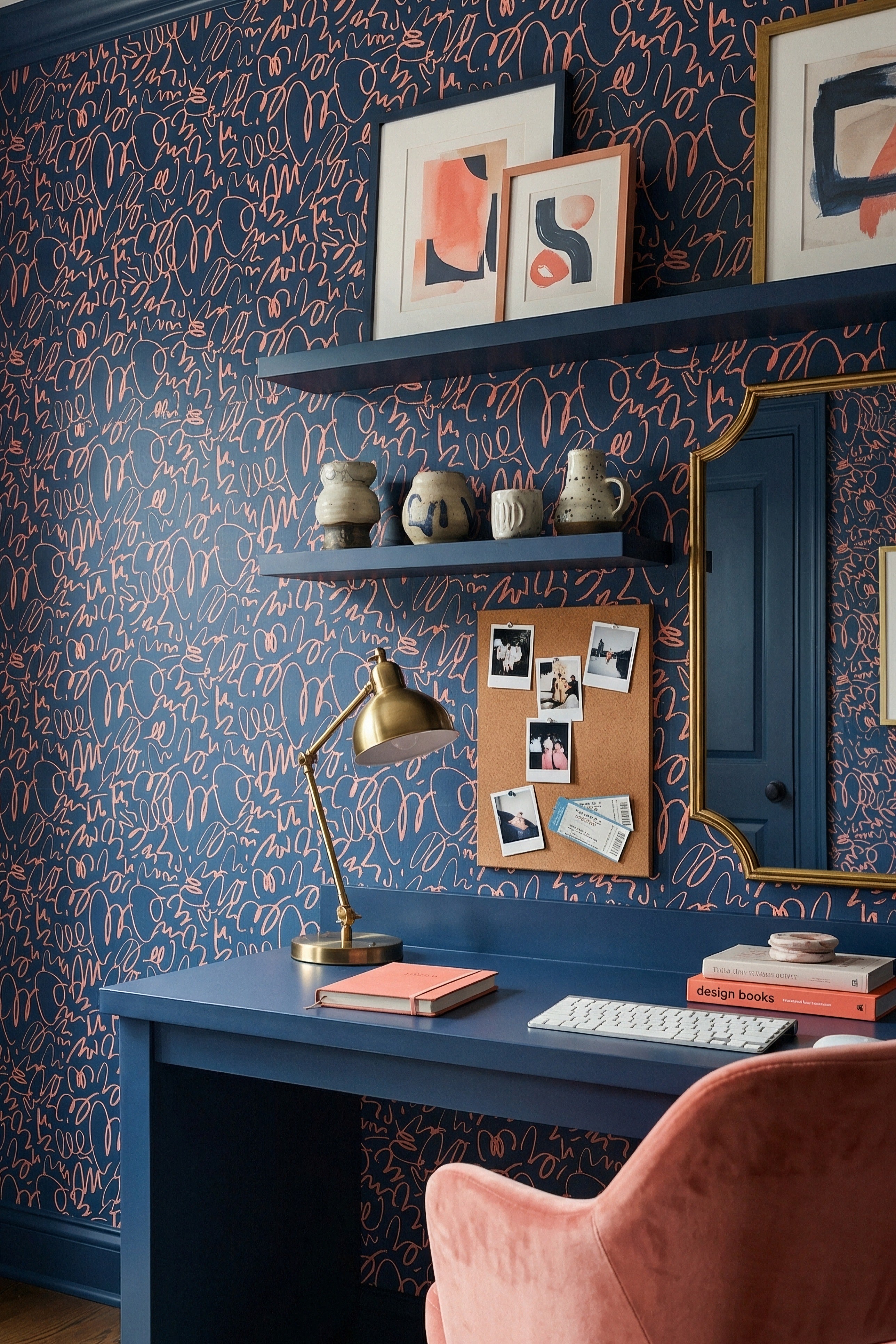 Coral Scribble wallpaper shown in a home office