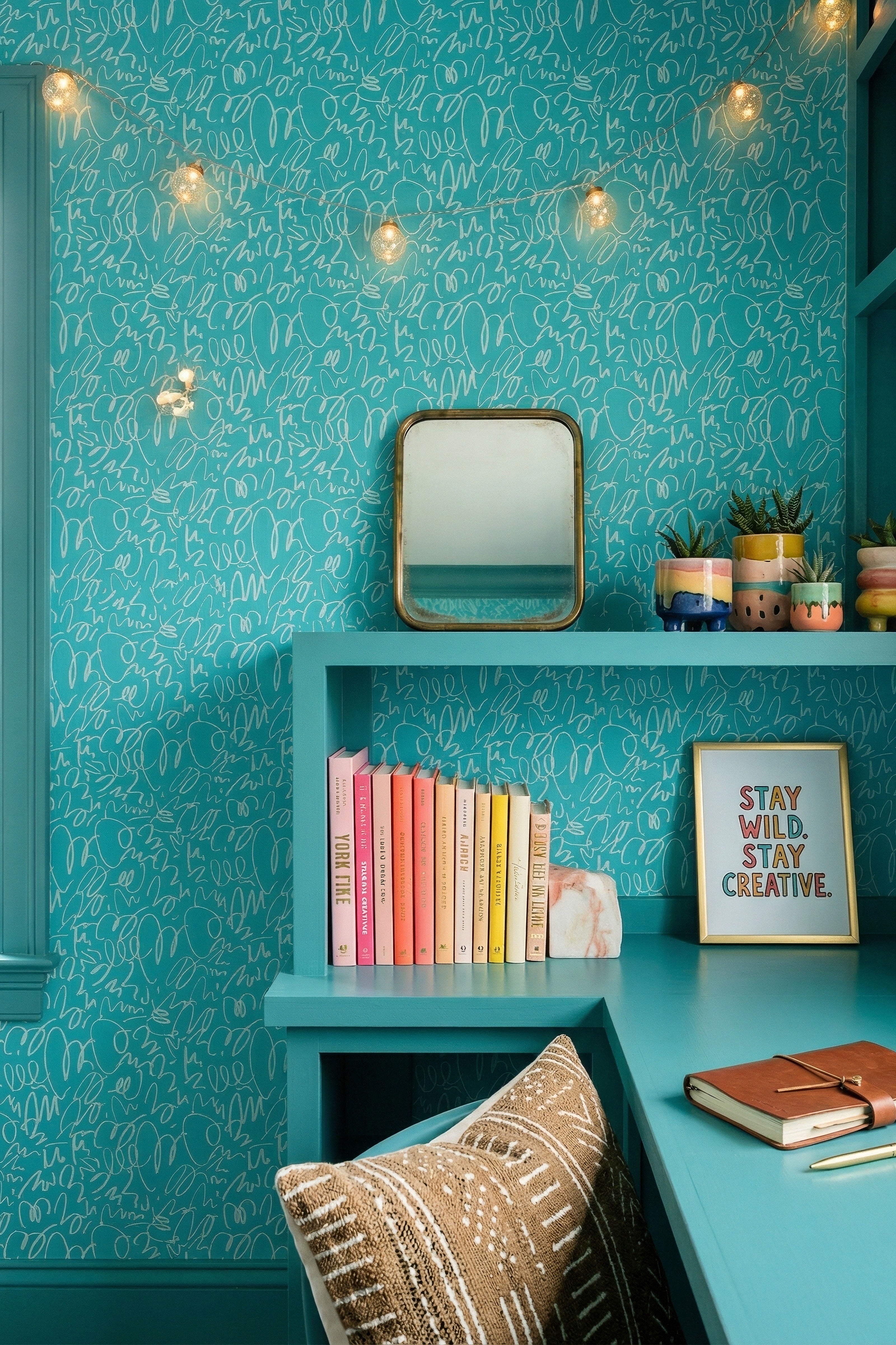 Teal Doodle wallpaper shown in a home office