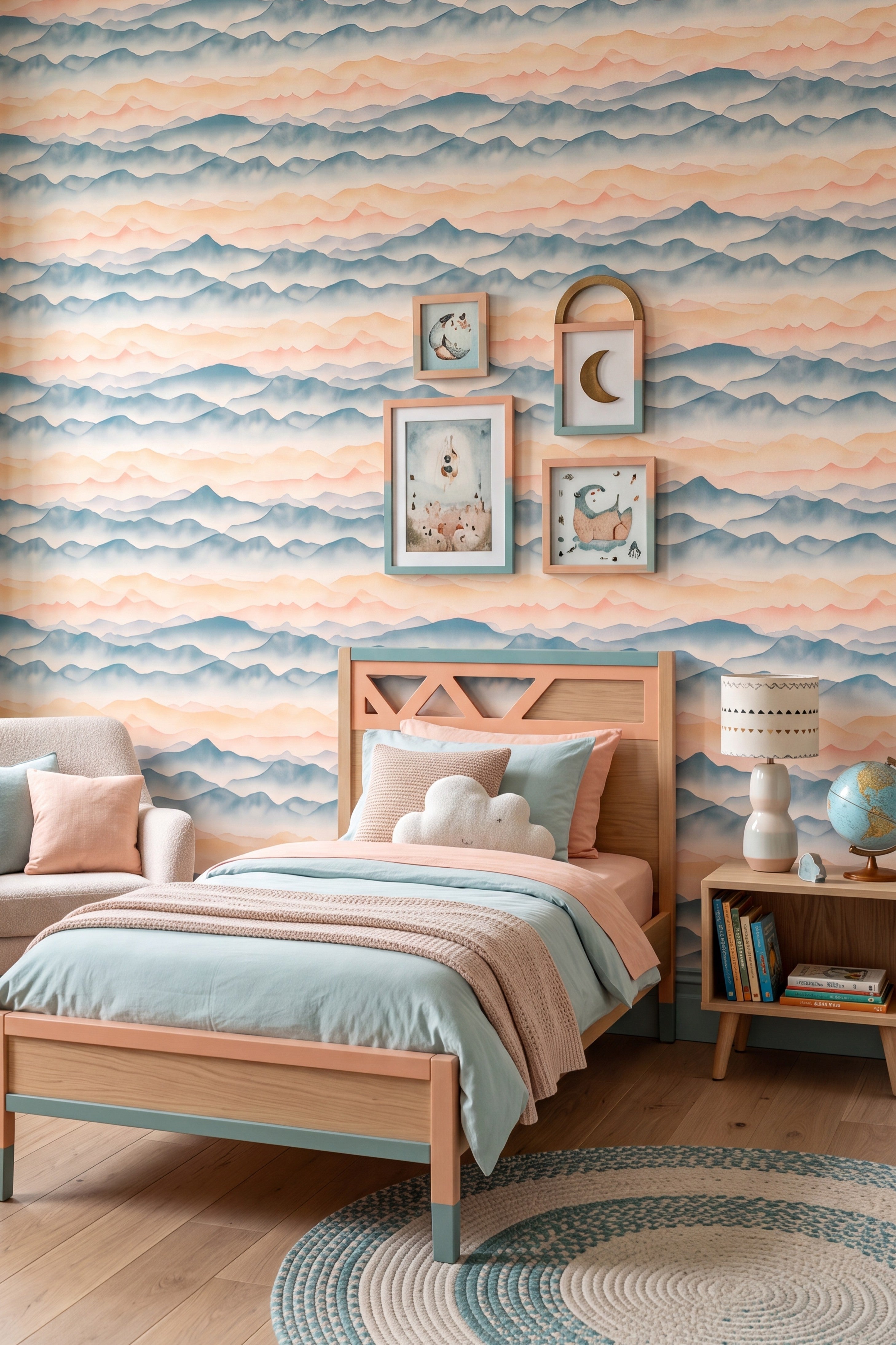 Serene Summit wallpaper shown in a kids' room