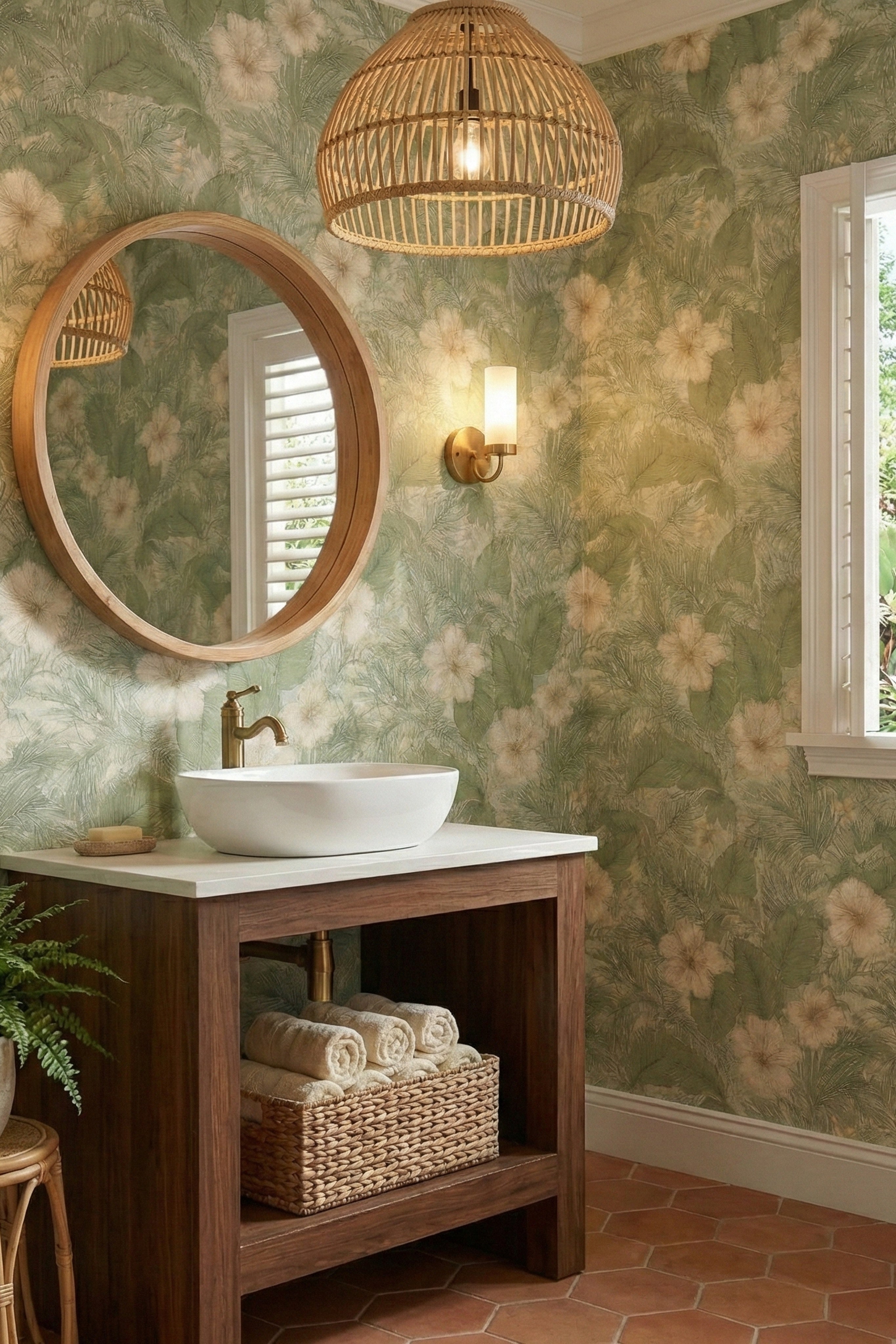 Palm Paradise wallpaper shown in a powder room