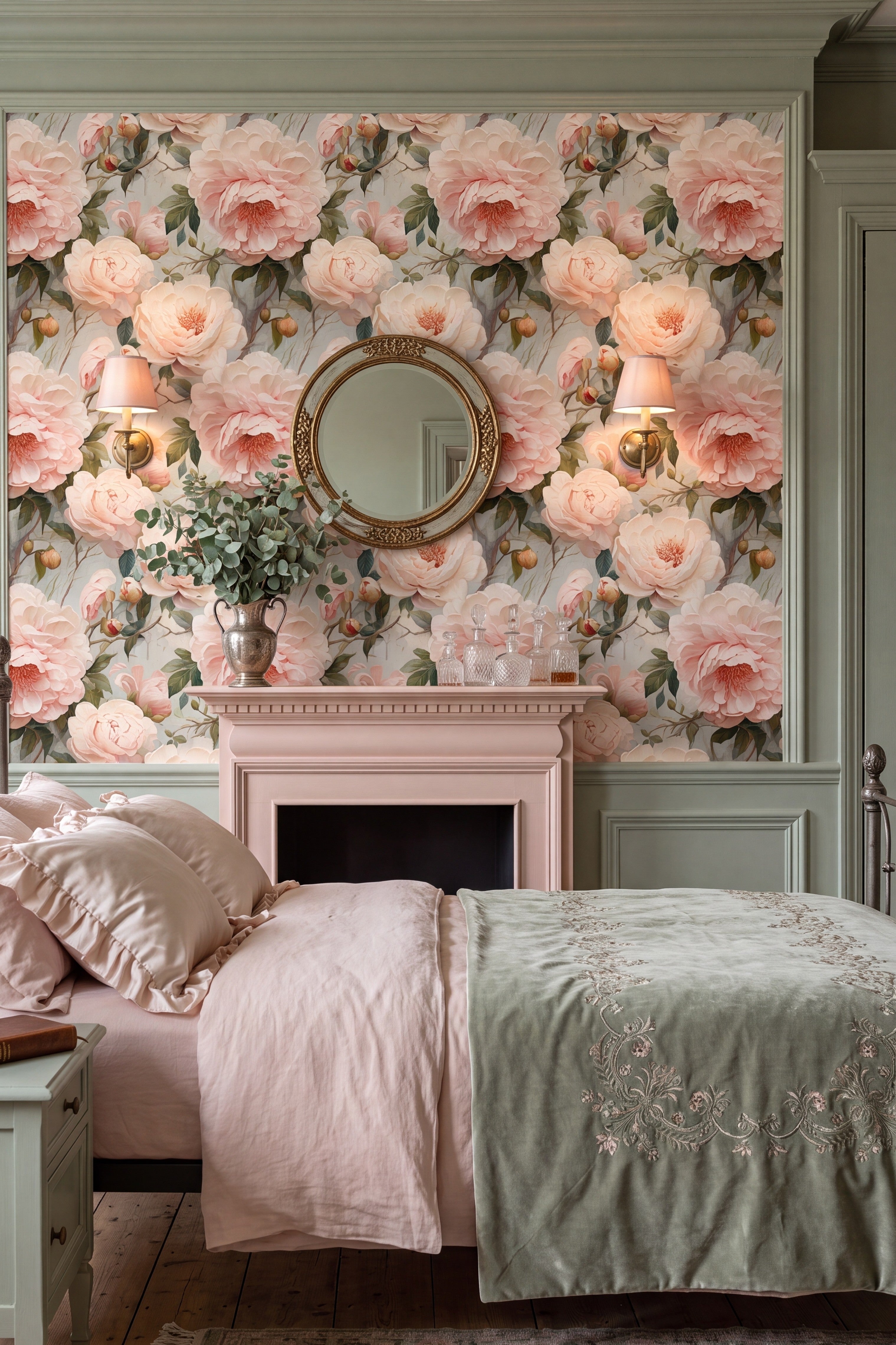 Heirloom Garden wallpaper shown in a bedroom