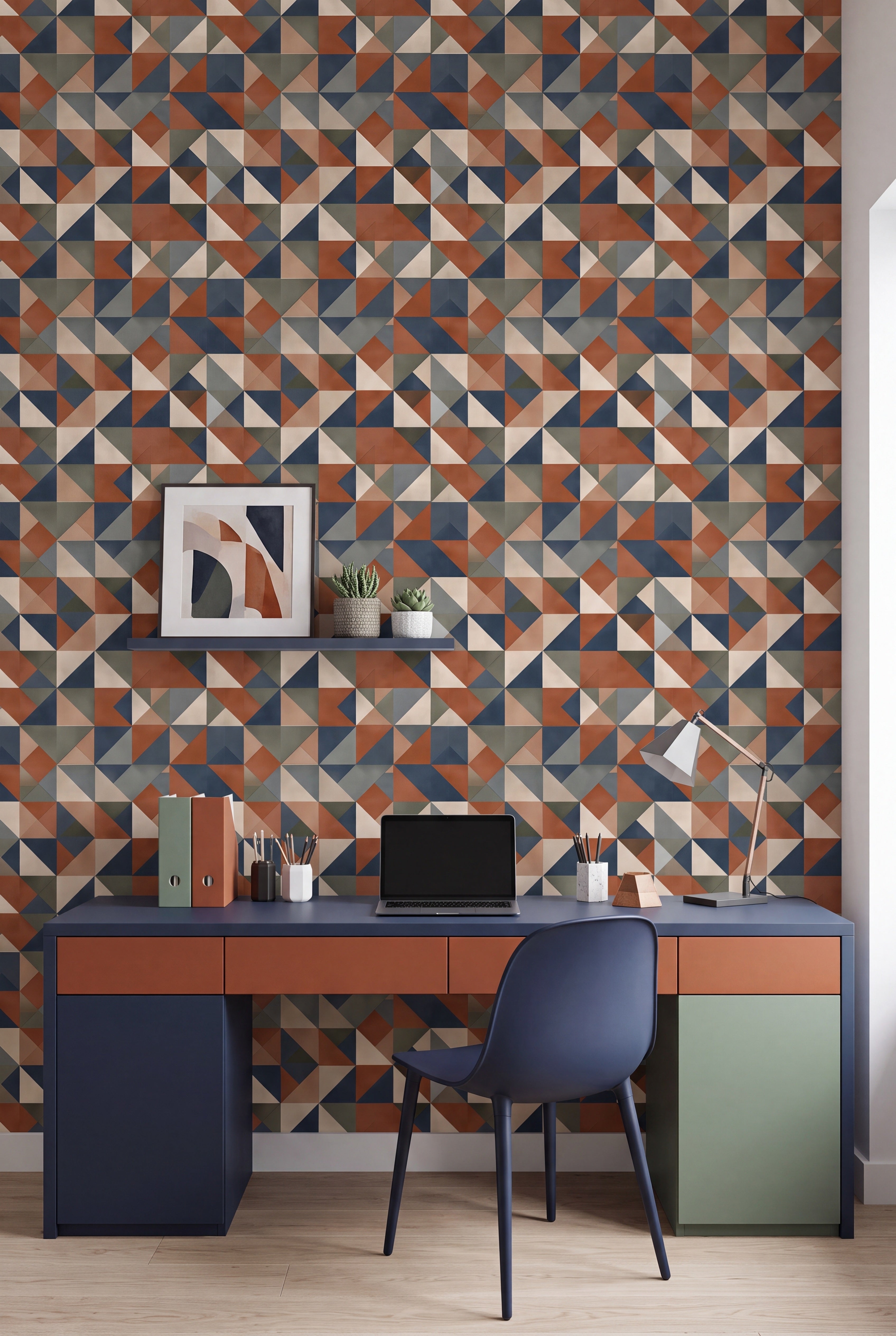 Mid Mod Trio wallpaper shown in a home office