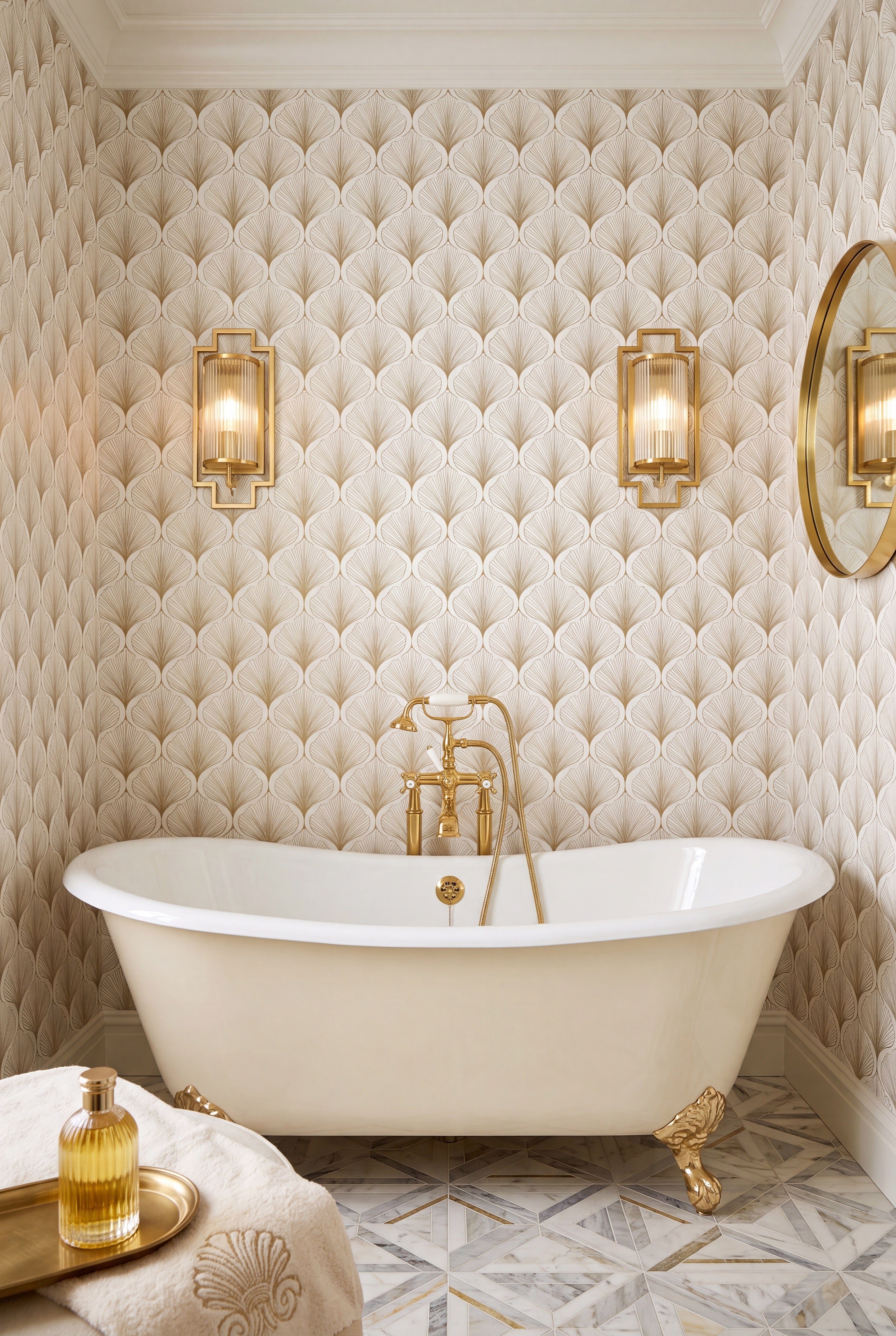 Gold Fanfare wallpaper shown in a bathroom