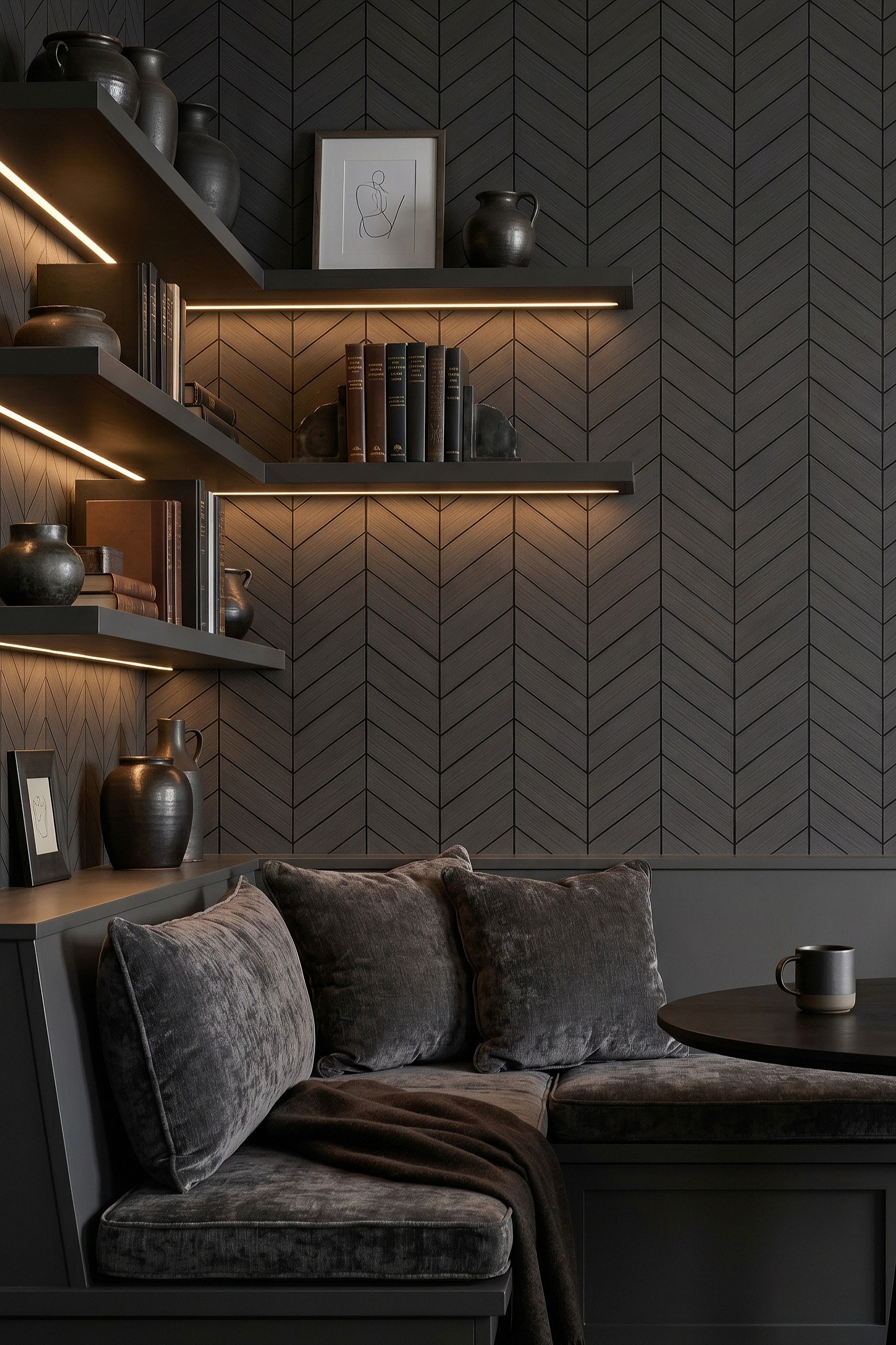 Herringbone Noir wallpaper shown in a kitchen nook