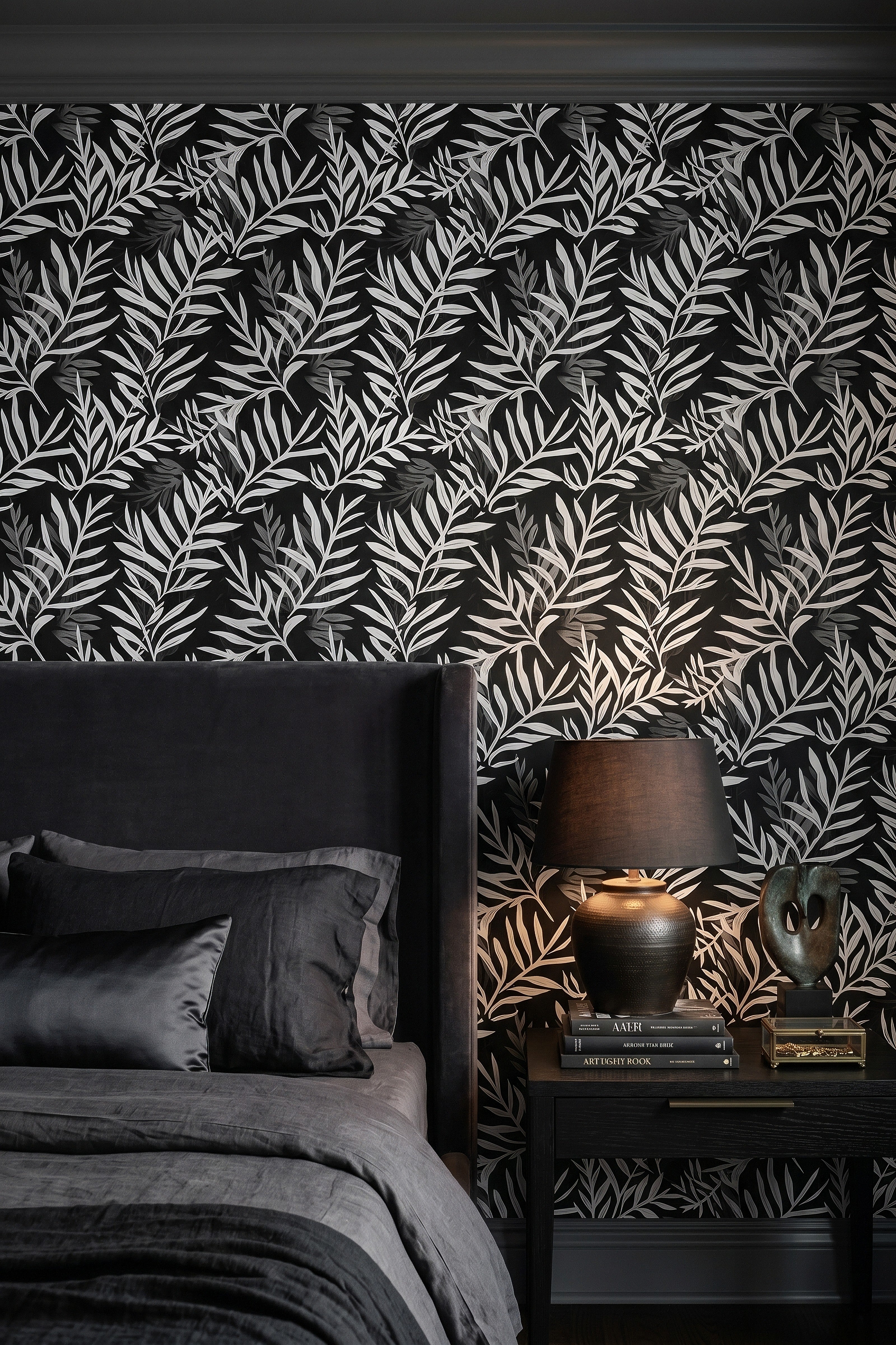 Ink Garden wallpaper shown in a bedroom