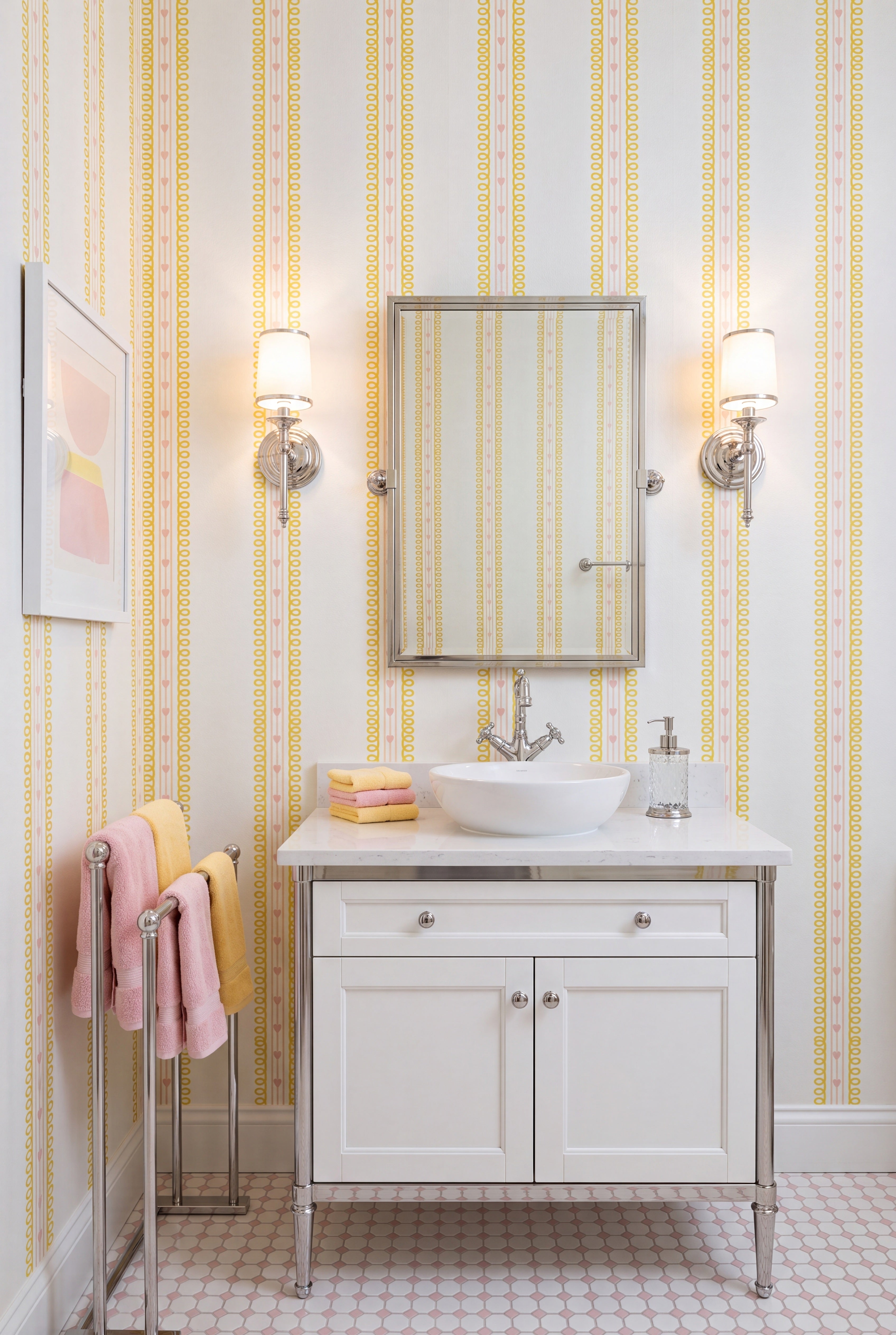 Candy Hearts wallpaper shown in a powder room
