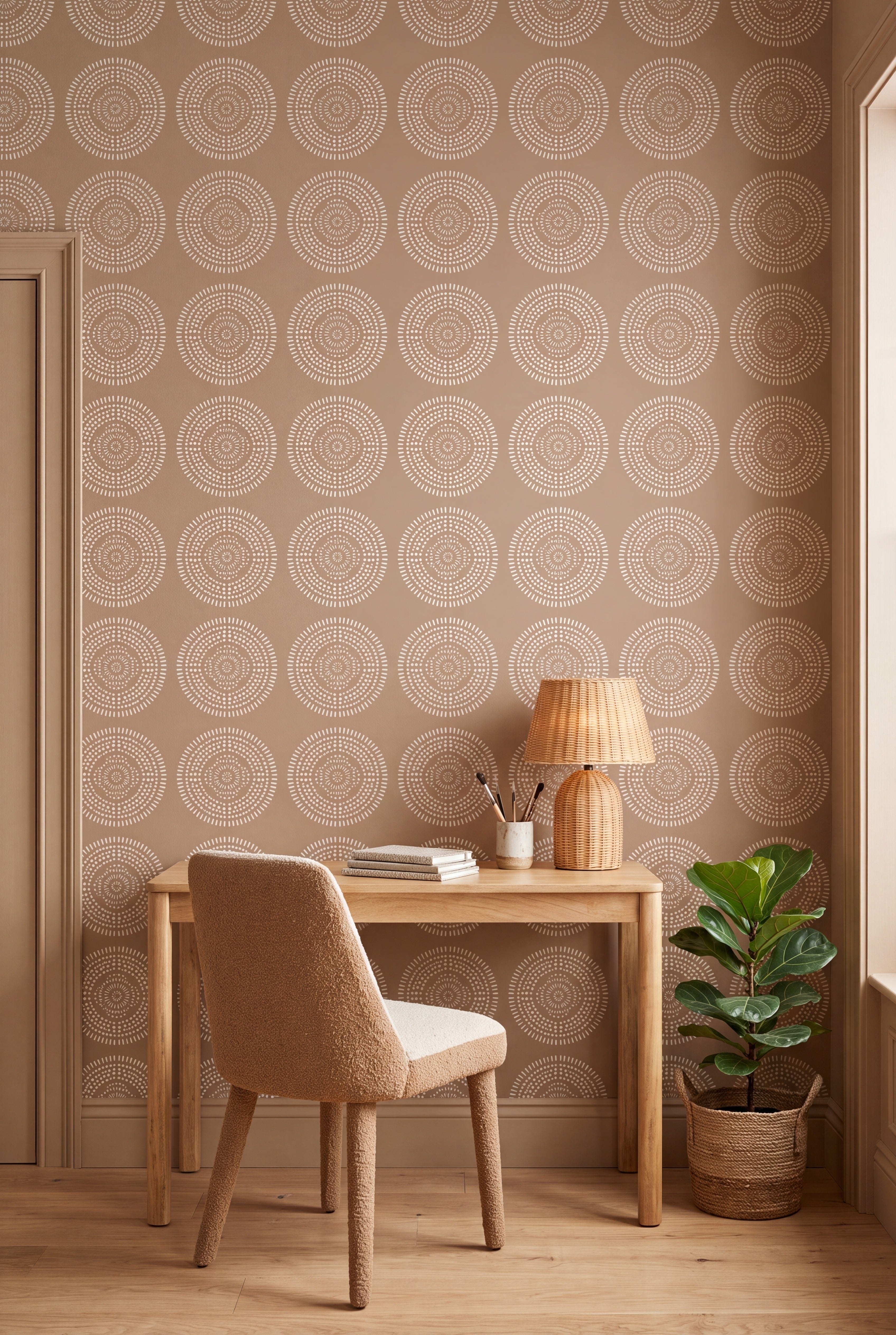Mocha Mandala wallpaper shown in a home office