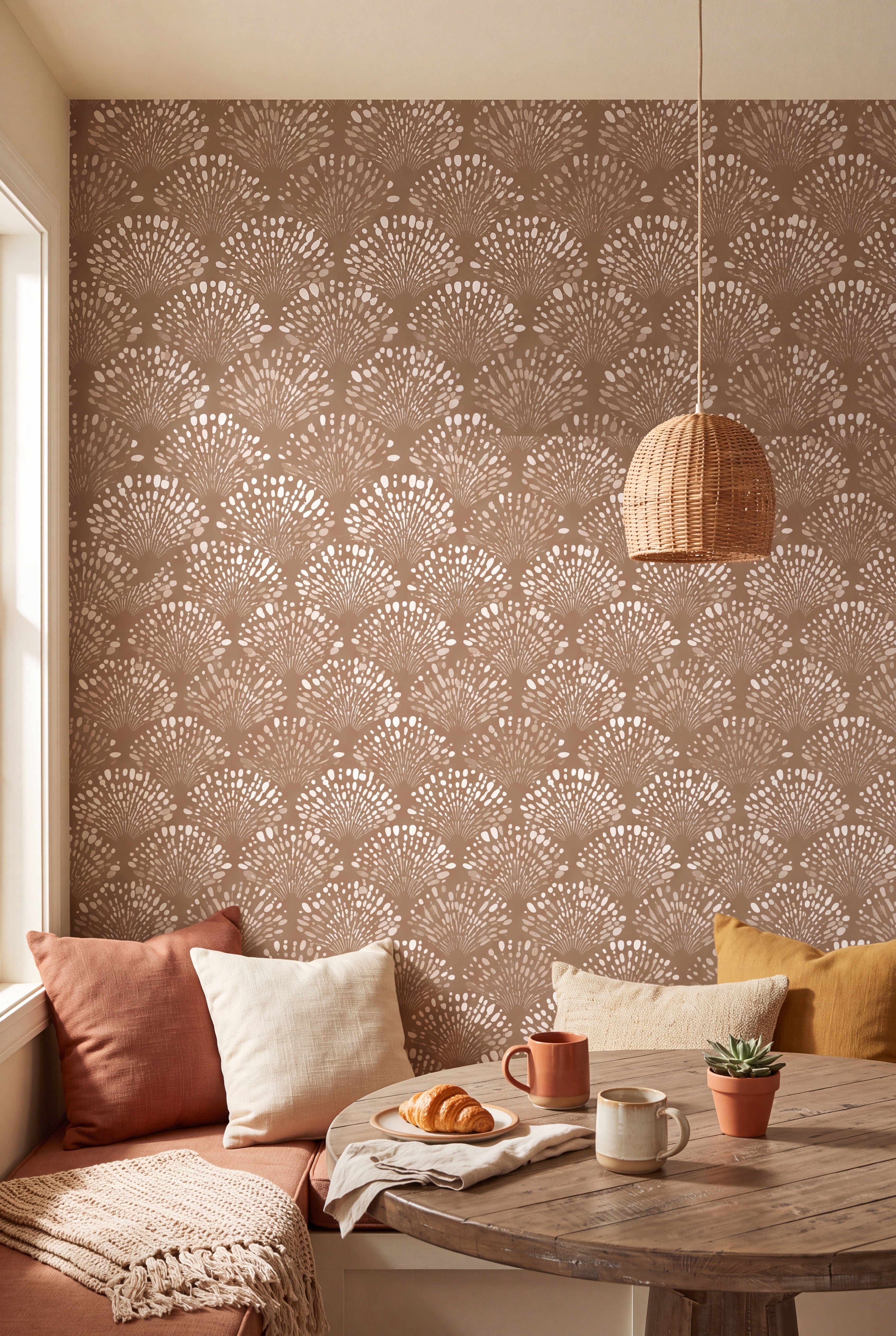 Desert Sunrise wallpaper shown in a cozy nook
