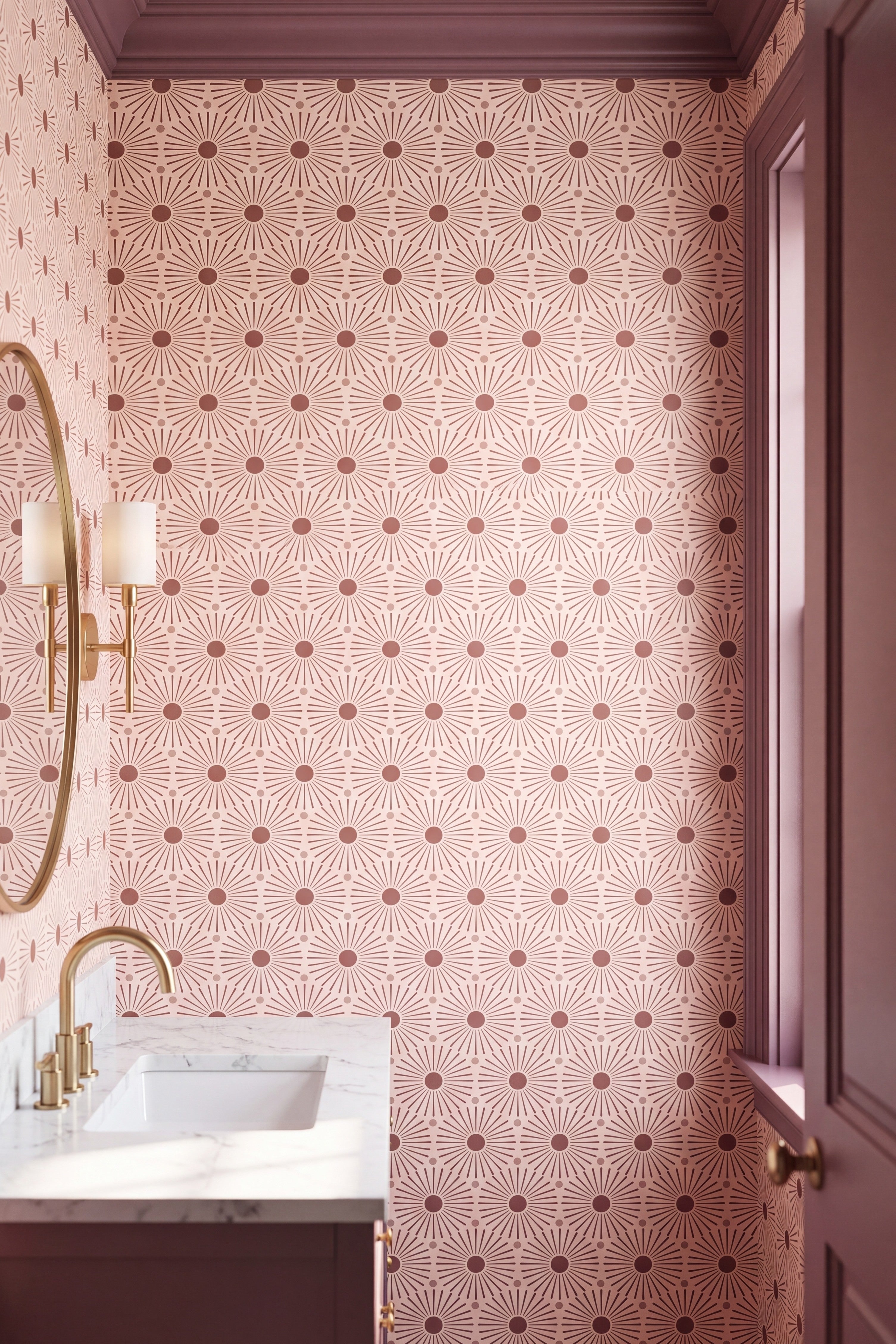 Blush Sunburst wallpaper shown in a powder room