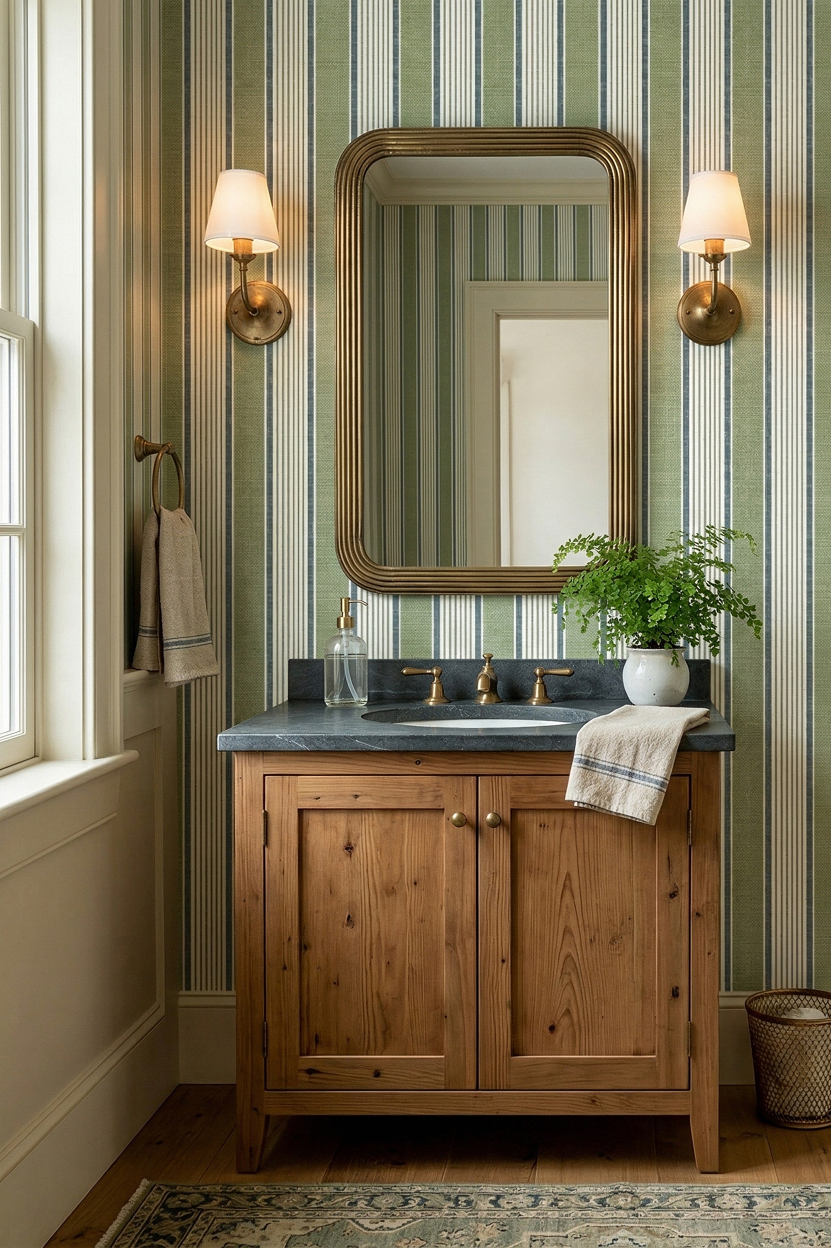 Cottage Stripe wallpaper shown in a powder room