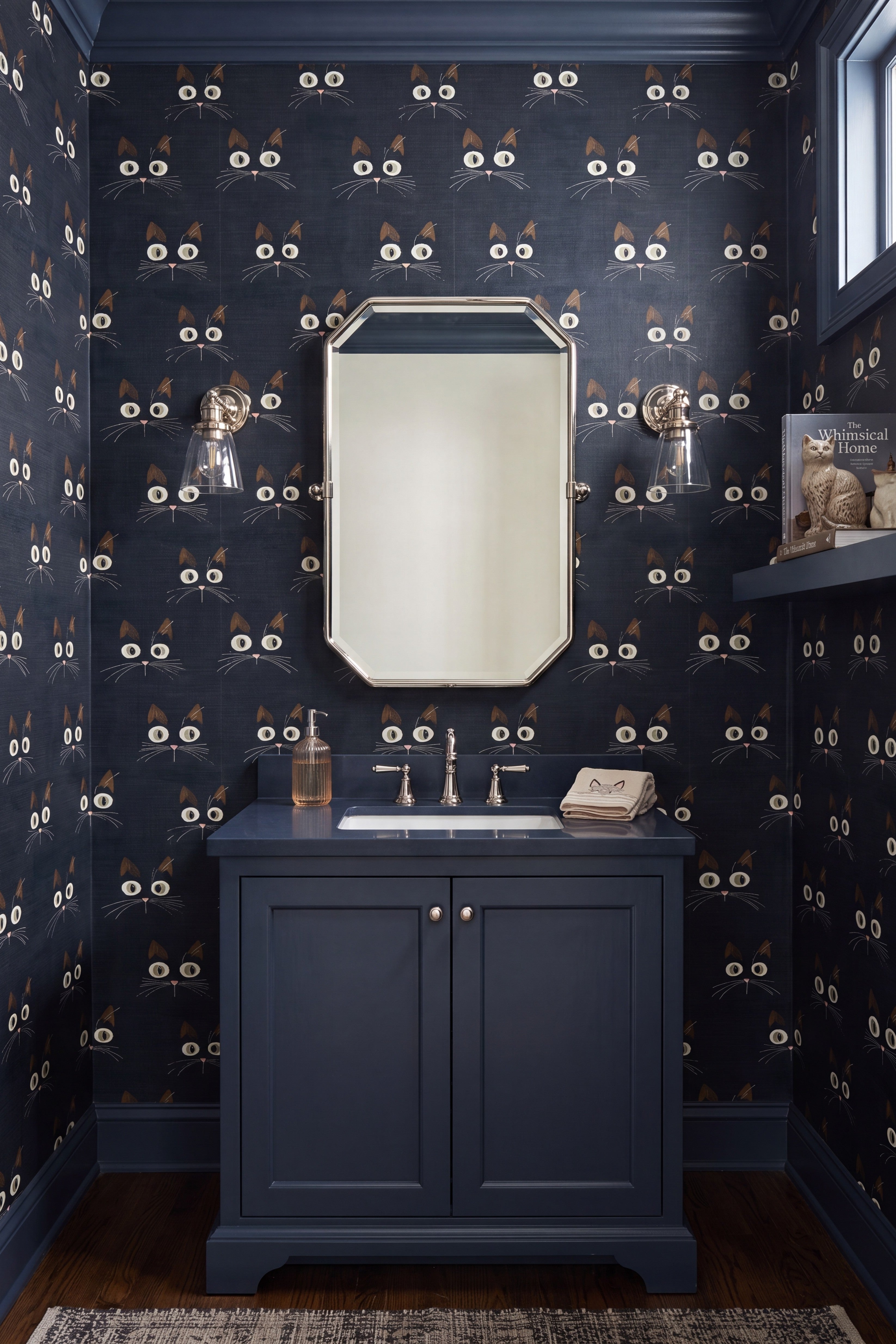 Alley Cats wallpaper shown in a powder room