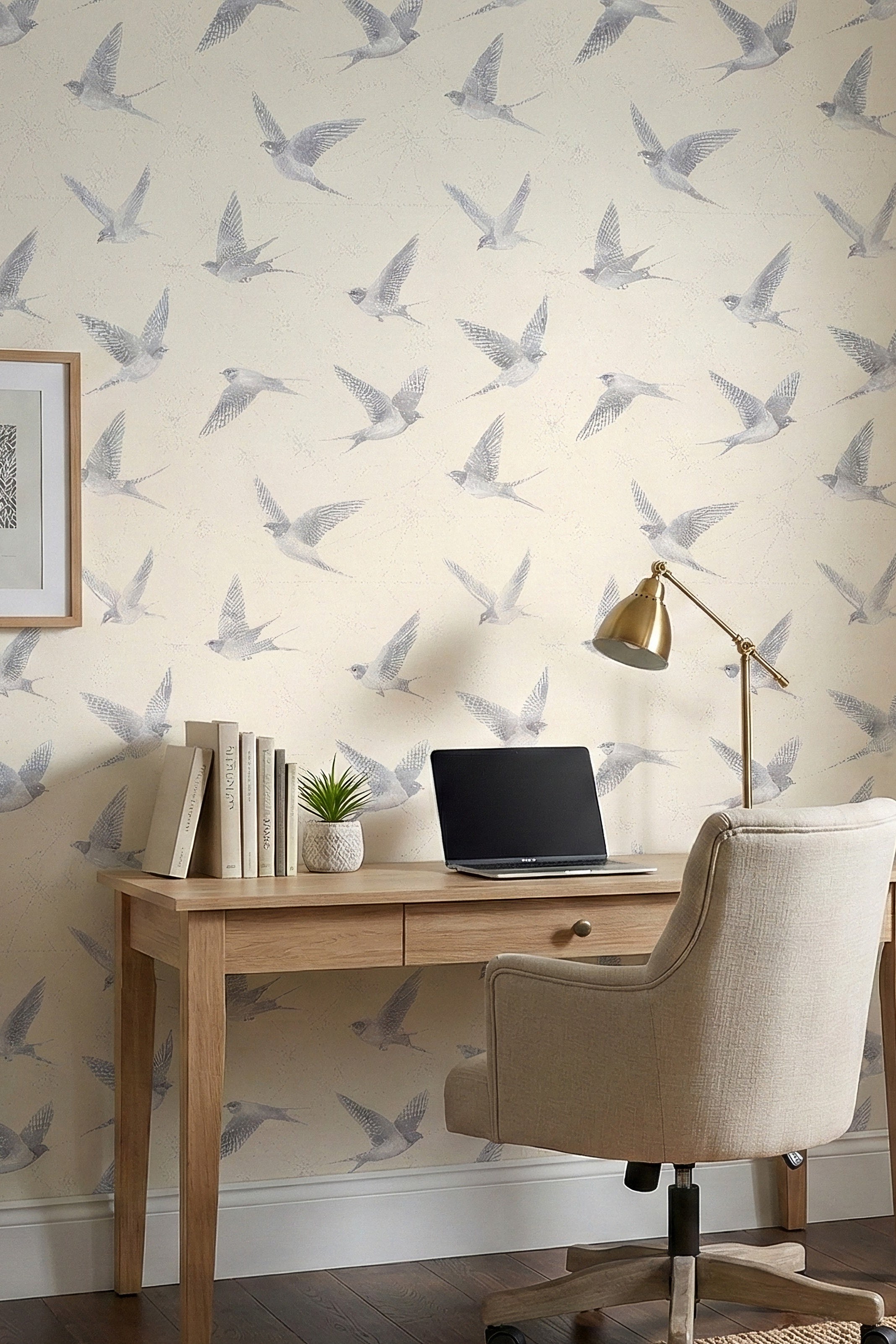 Swallow Song wallpaper shown in a home office