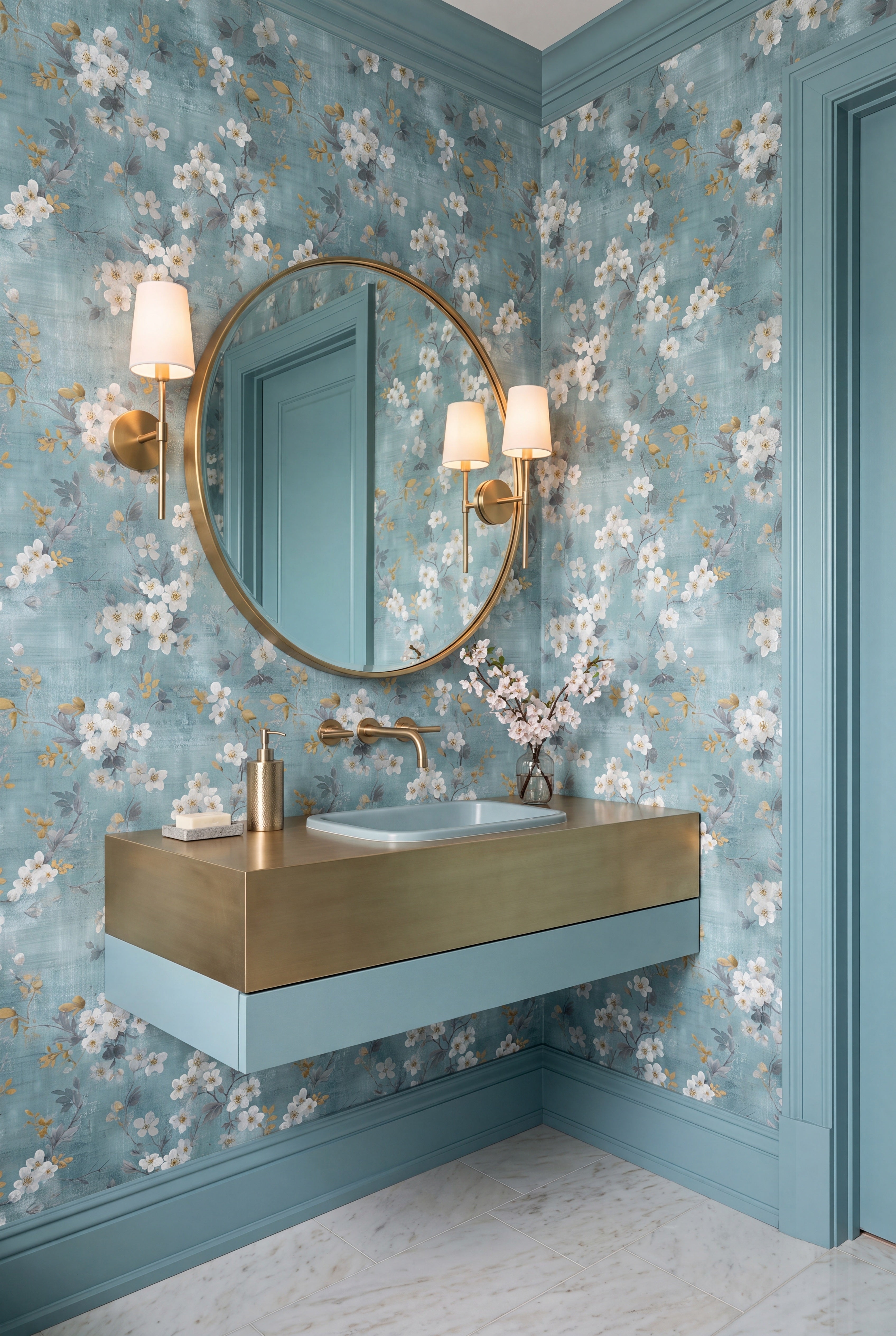 Gilded Blossom wallpaper shown in a powder room