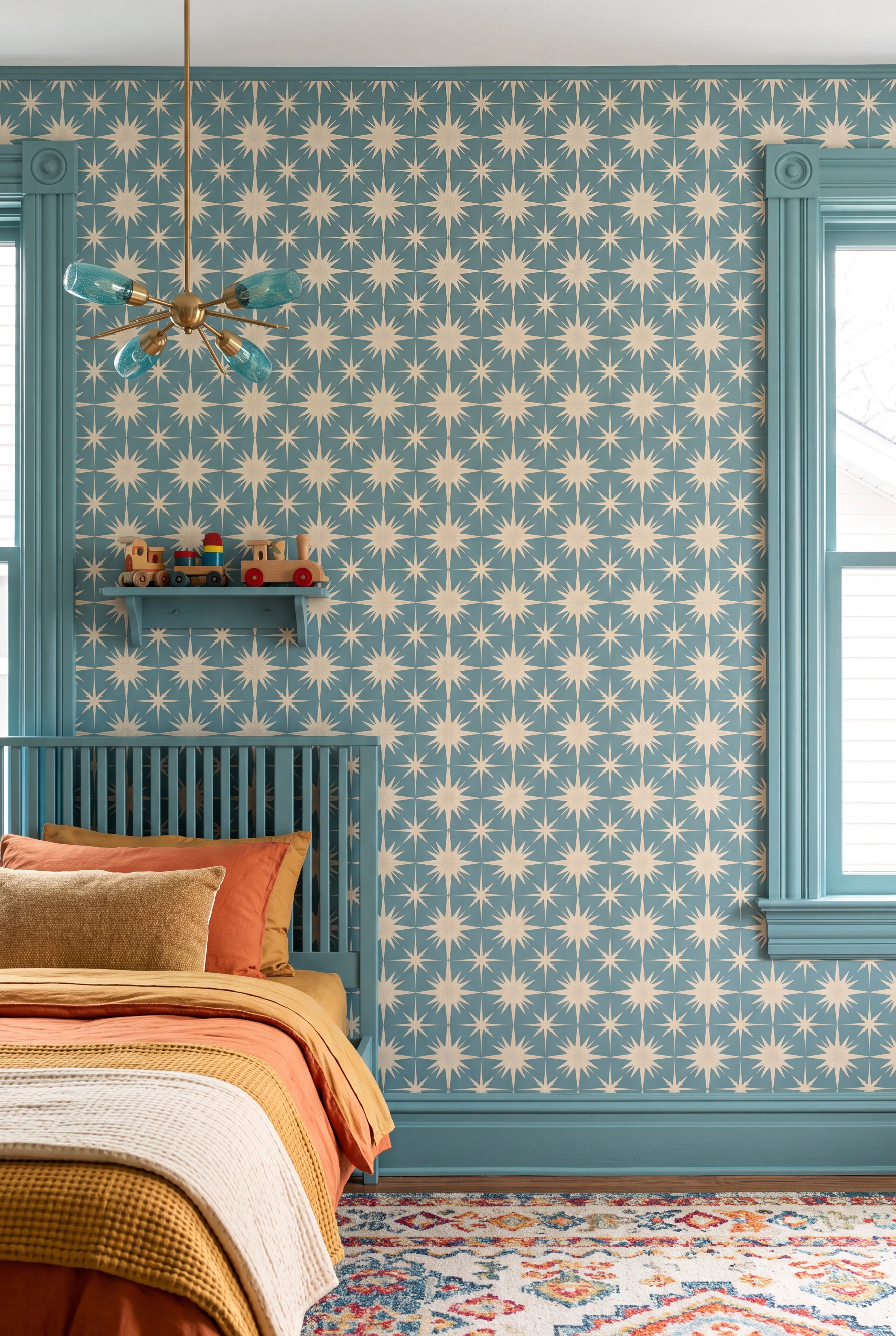 Starburst Teal wallpaper shown in a kids' room