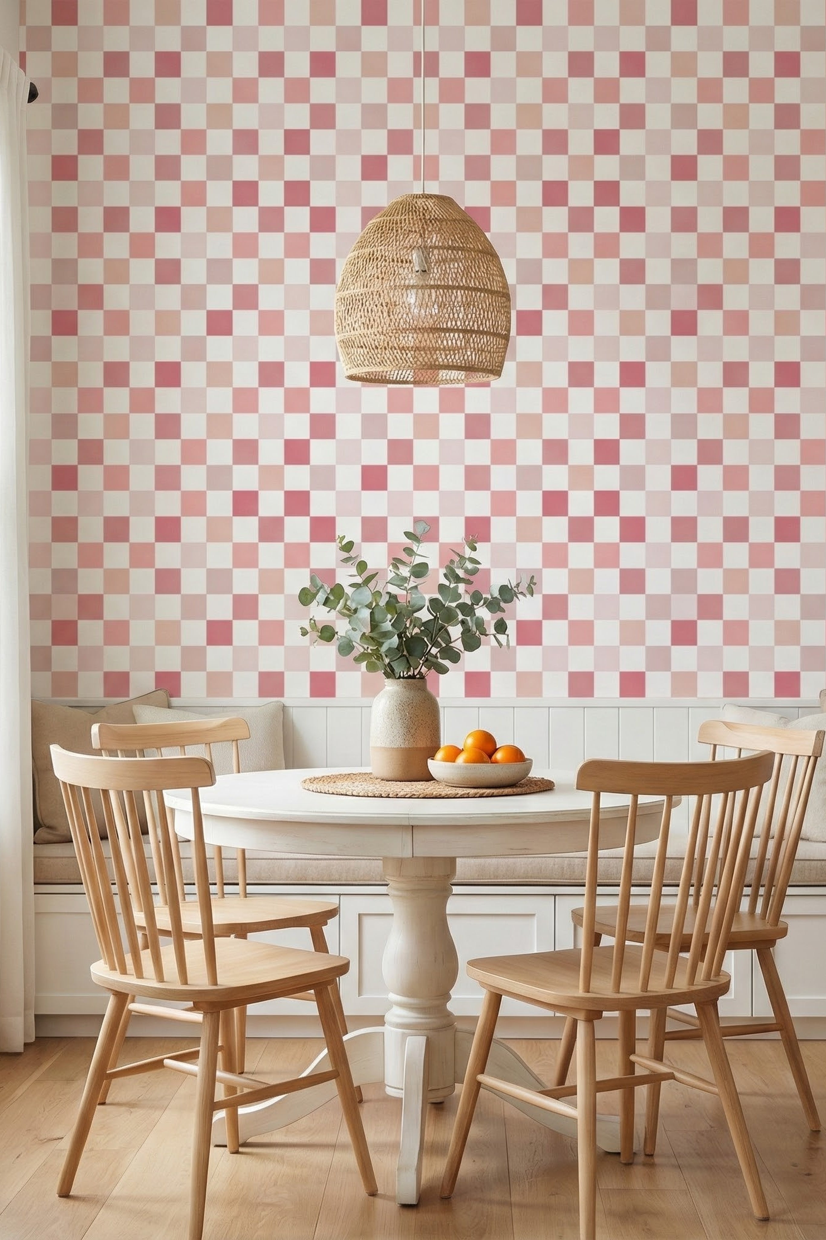 Blush Gingham wallpaper shown in a cozy nook