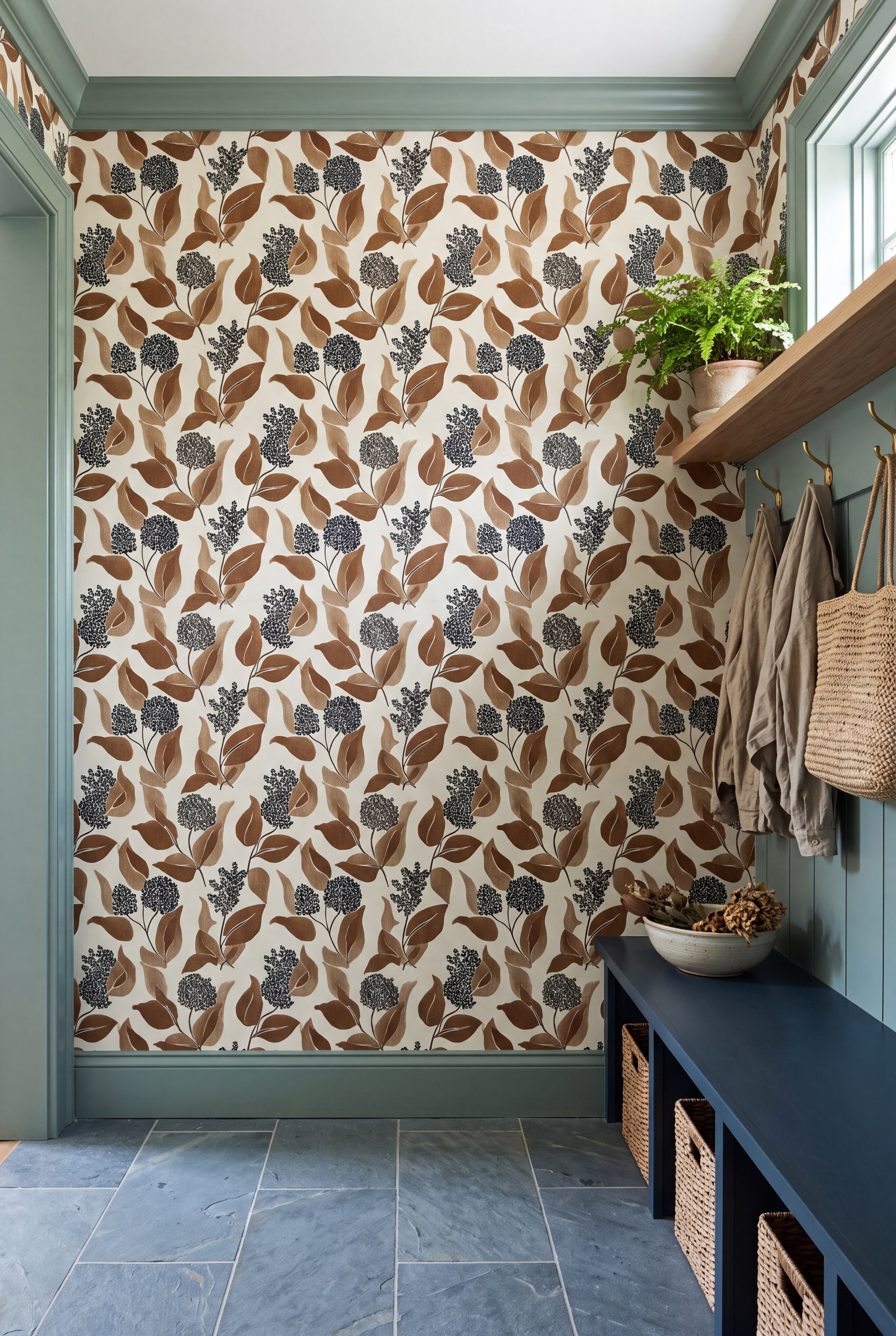 Autumn Farmhouse wallpaper shown in a mudroom