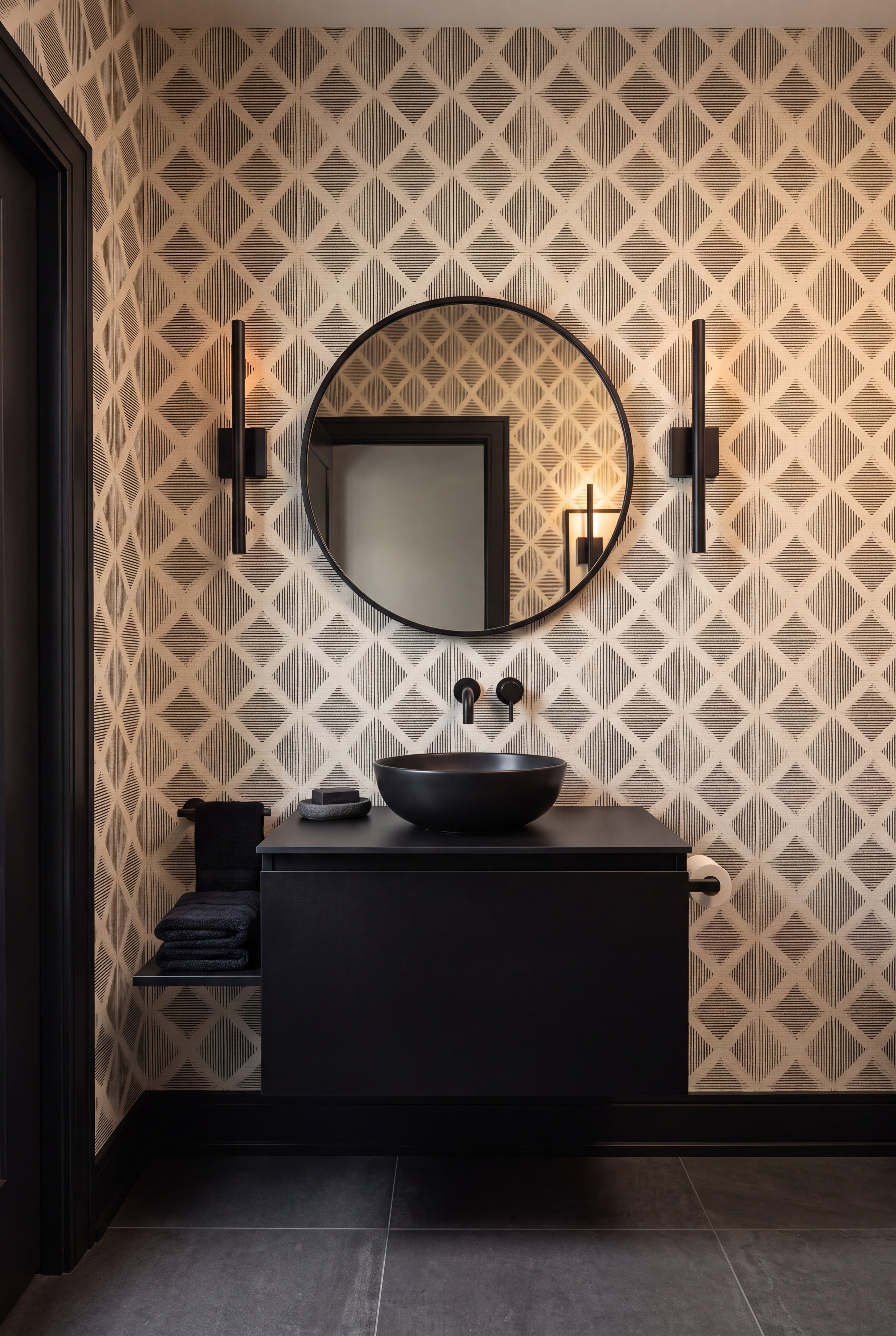 Frontier wallpaper shown in a powder room