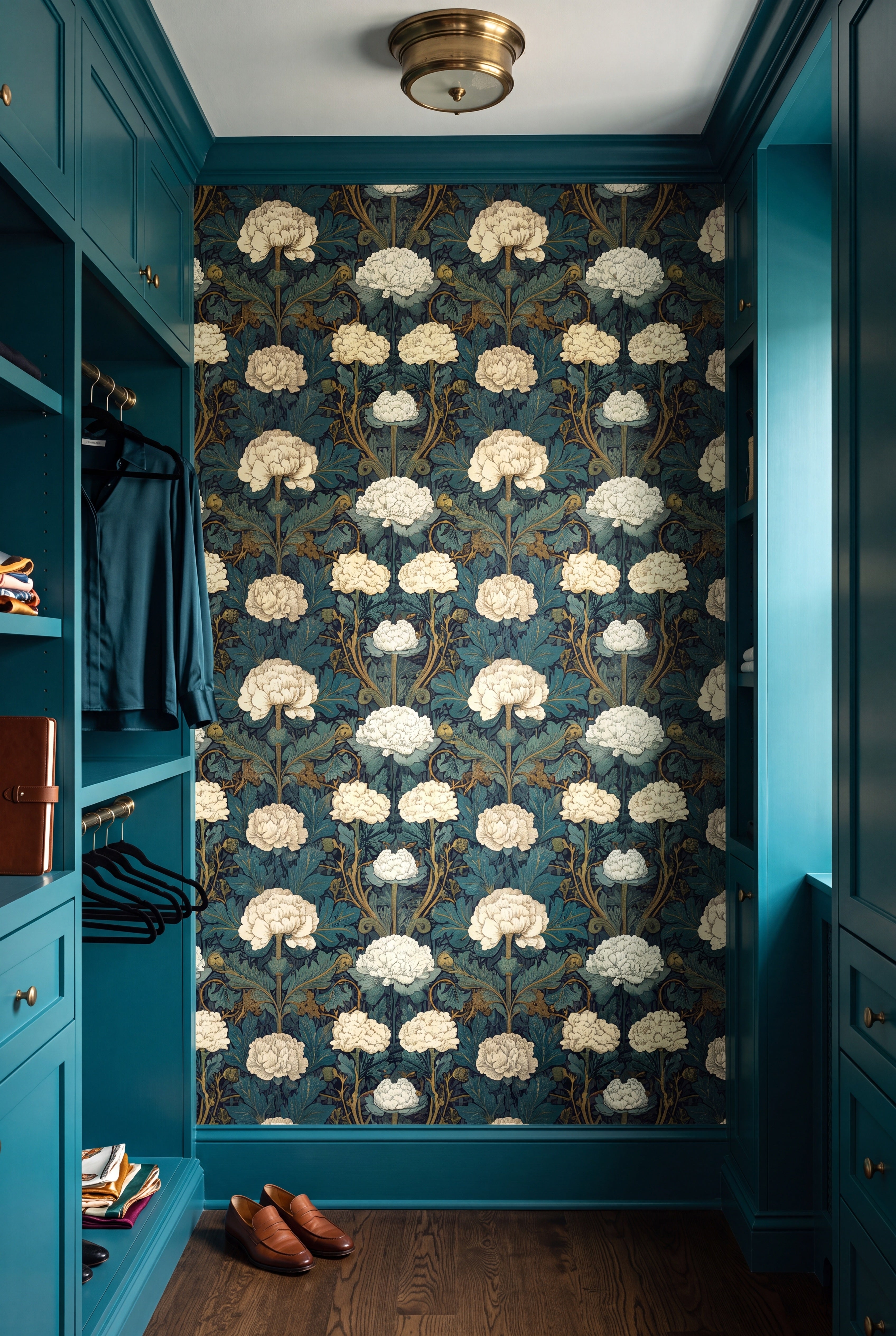Nouveau Garden wallpaper shown in a closet