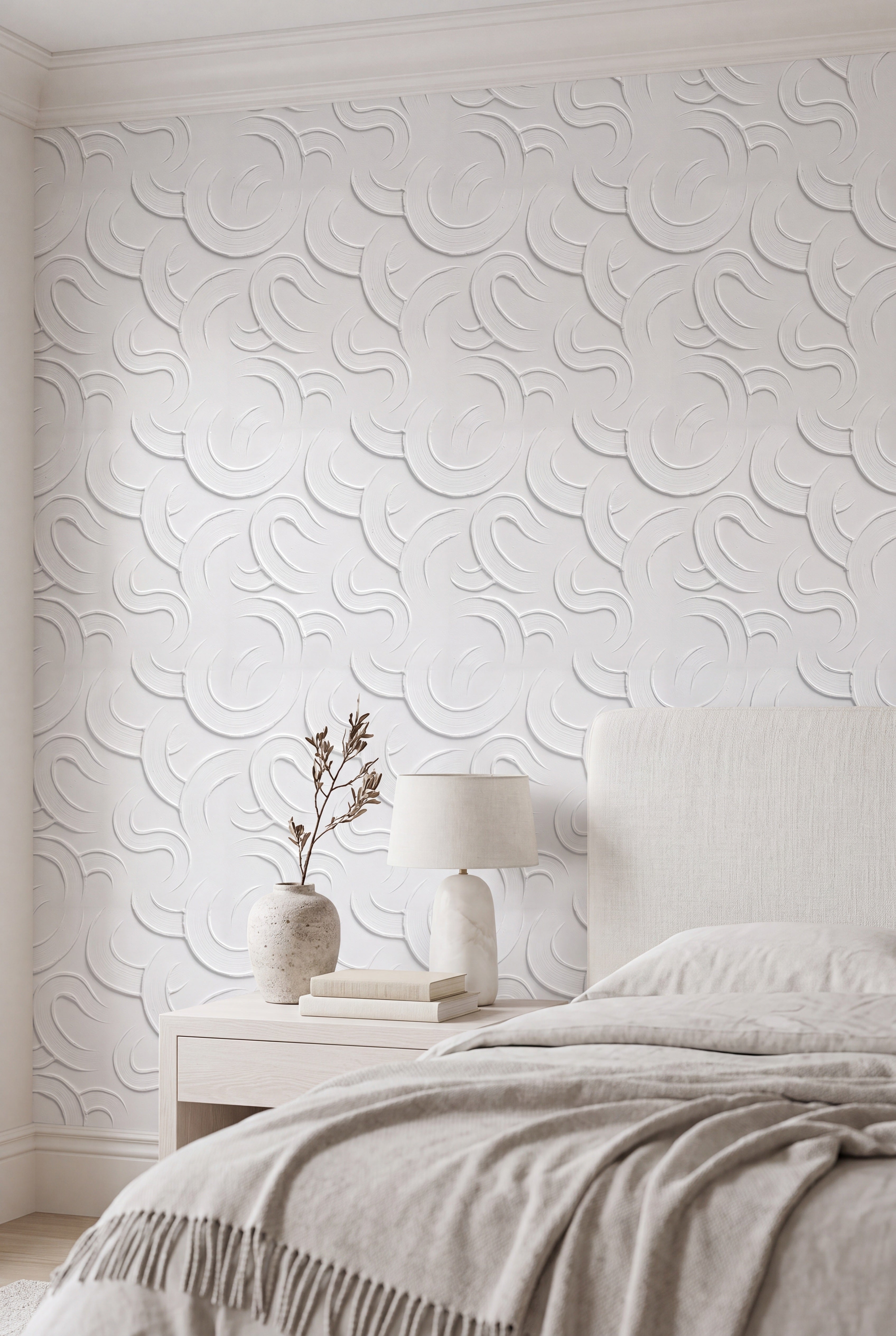 Whiteout wallpaper shown in a bedroom