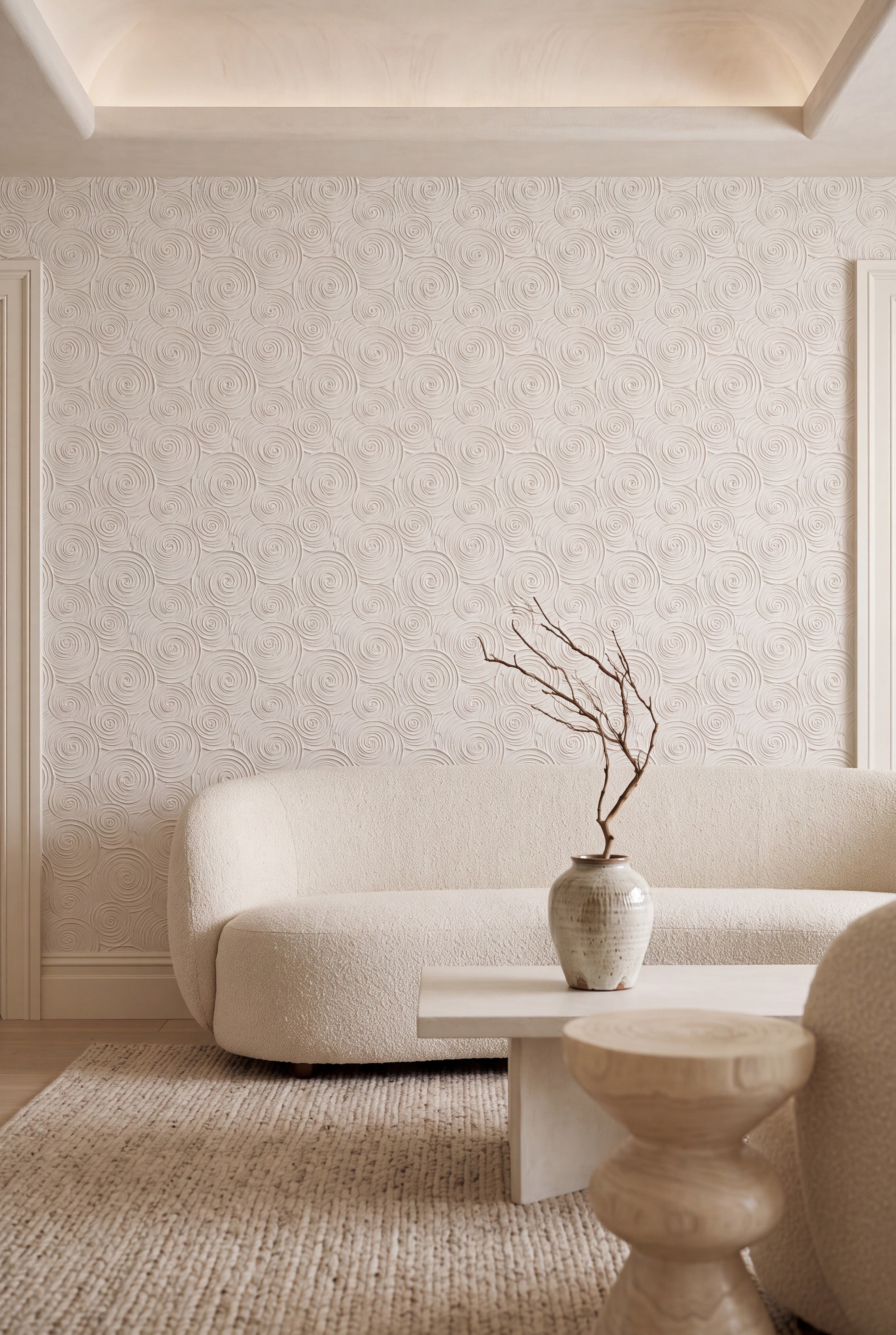 Ivory Swirl wallpaper shown in a living room