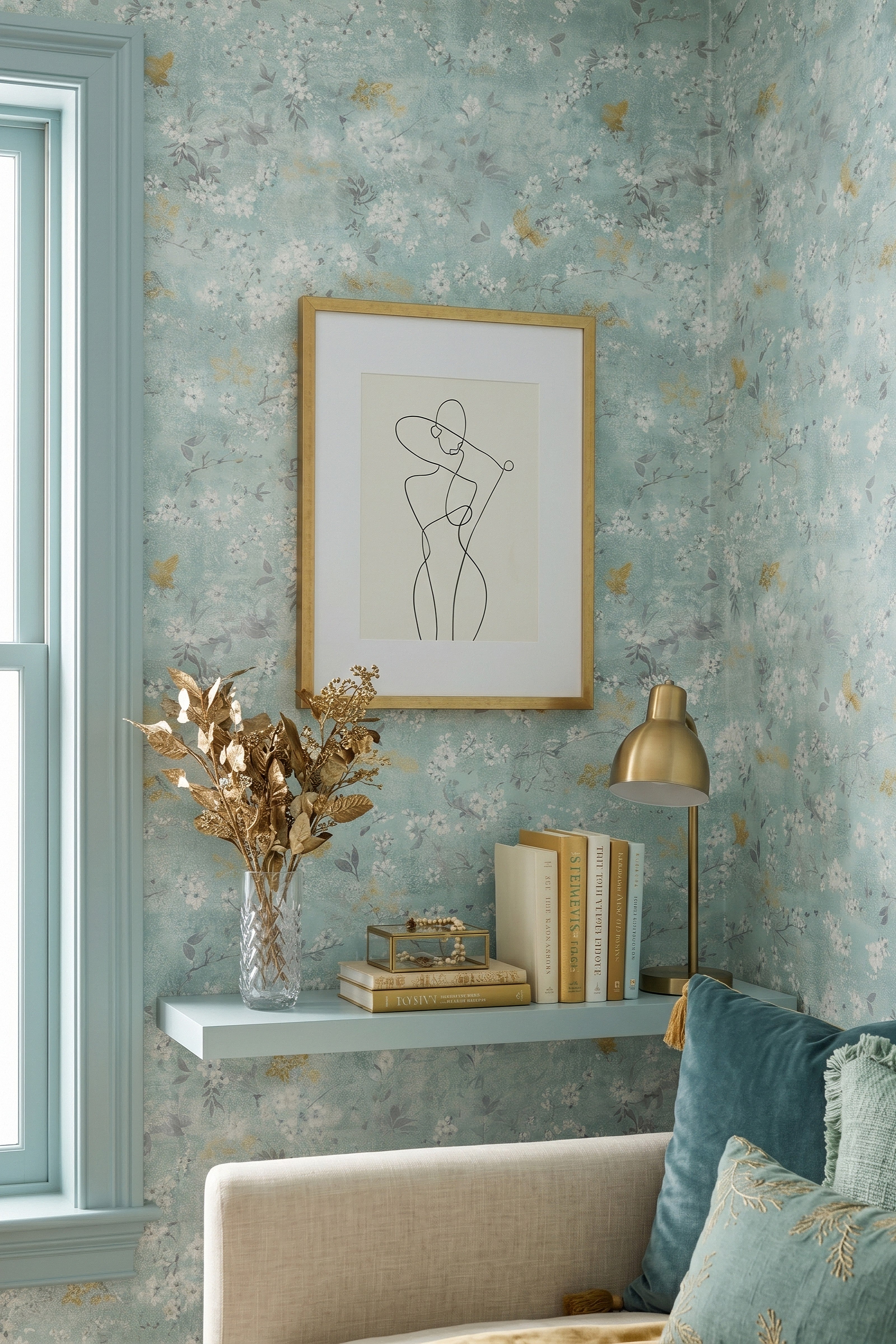 Gilded Wren wallpaper shown in a lounge
