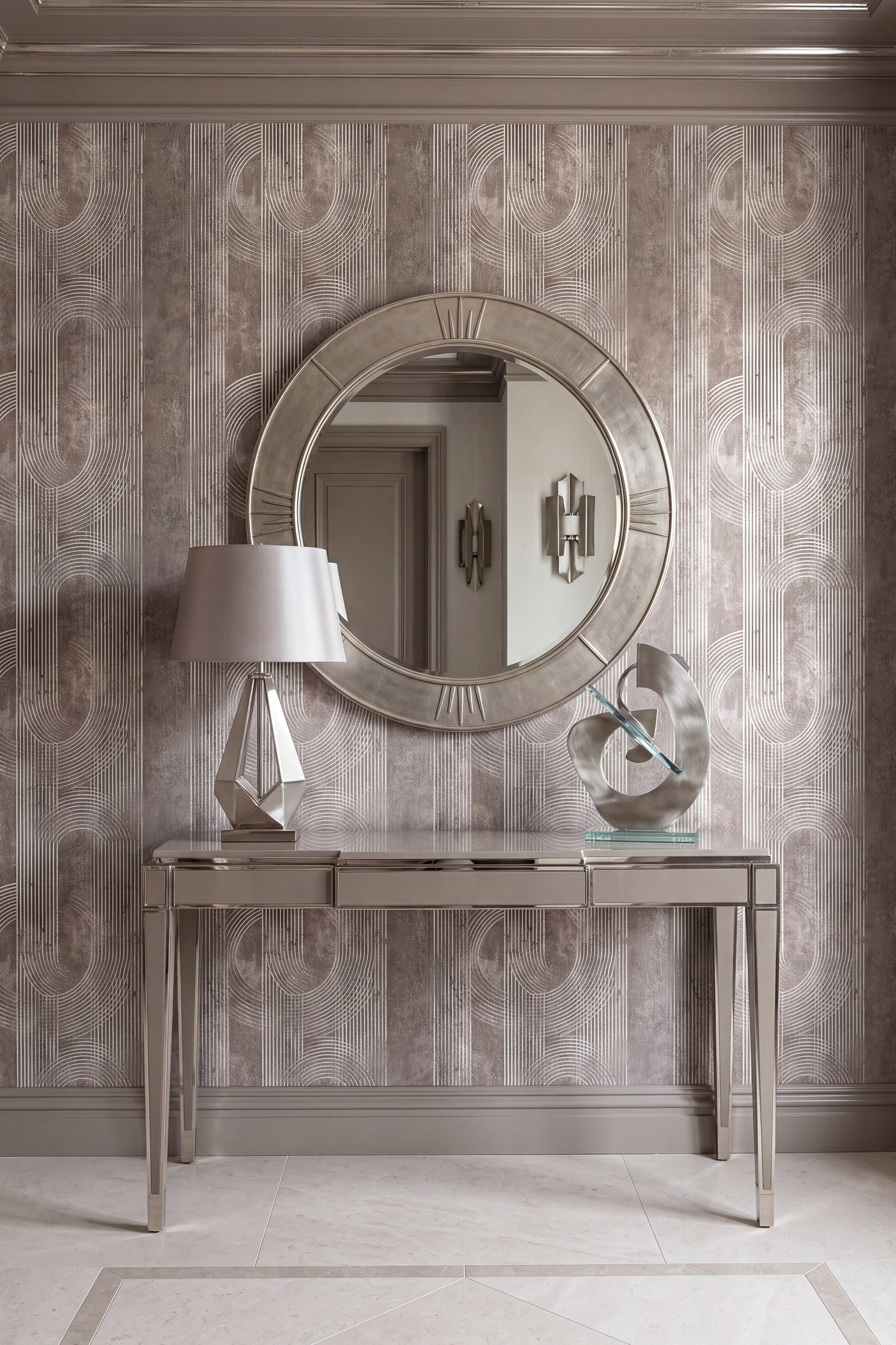 Archway wallpaper shown in an entryway