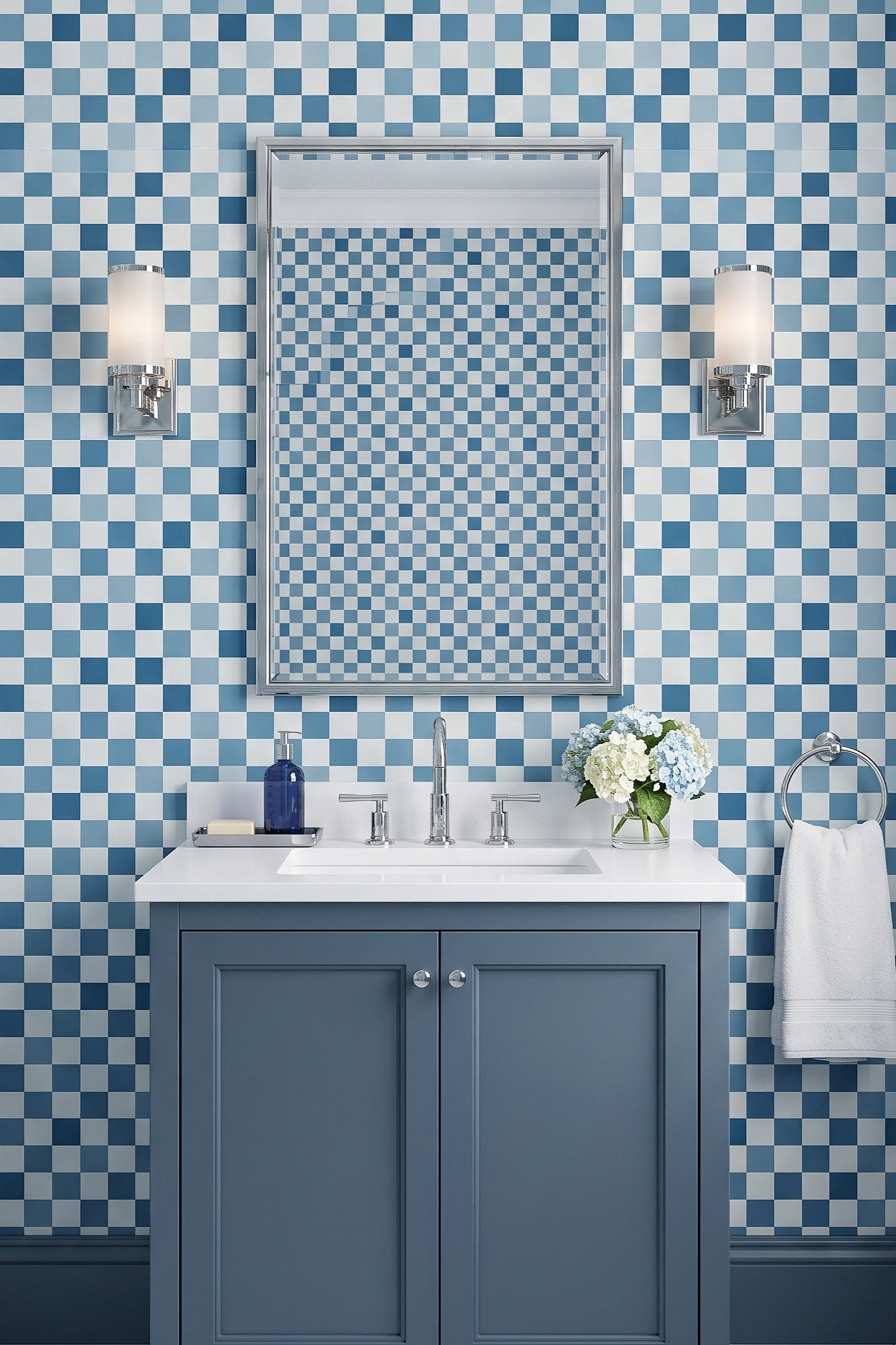 Blueberry Check wallpaper shown in a powder room