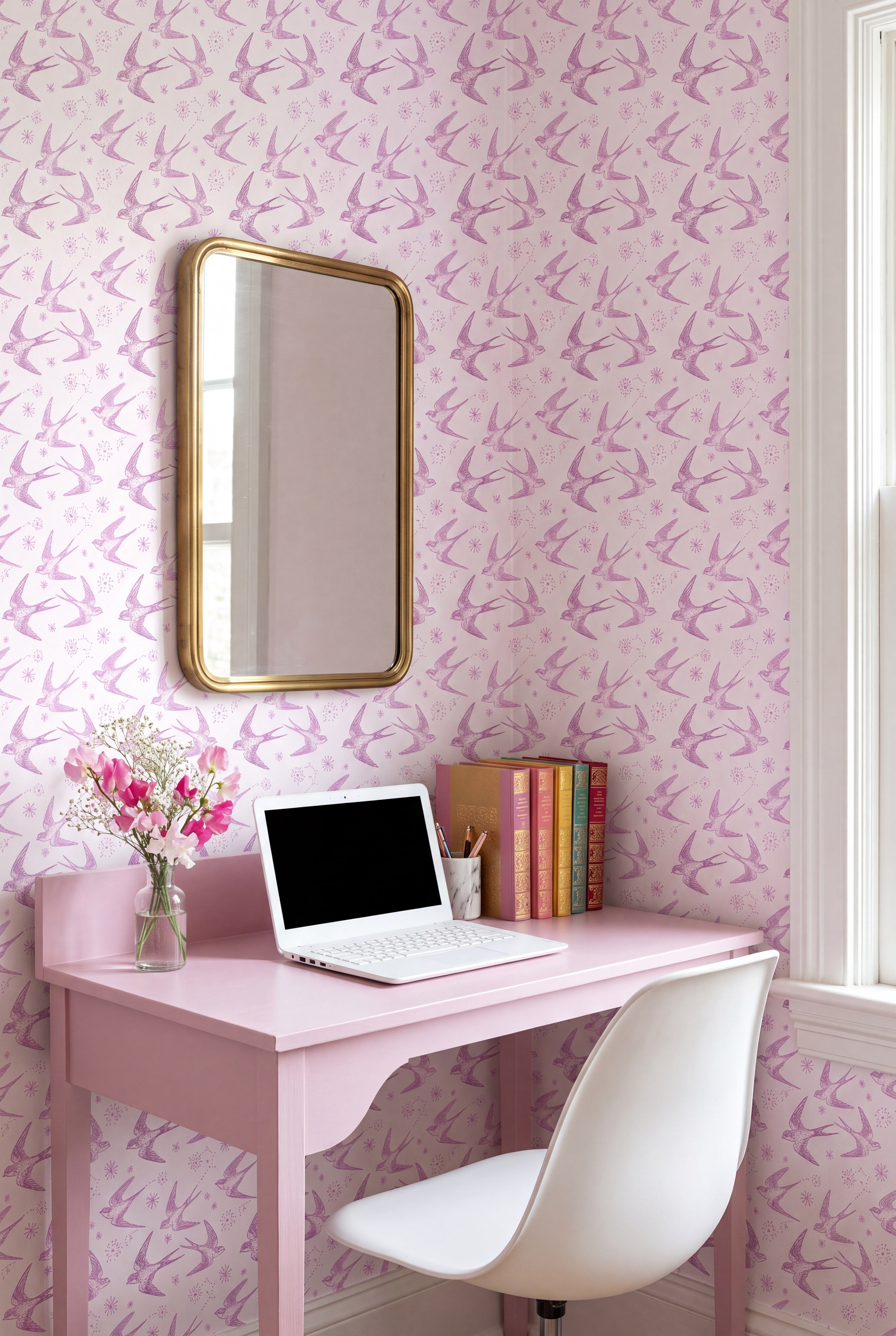 Swallow & Star wallpaper shown in a home office