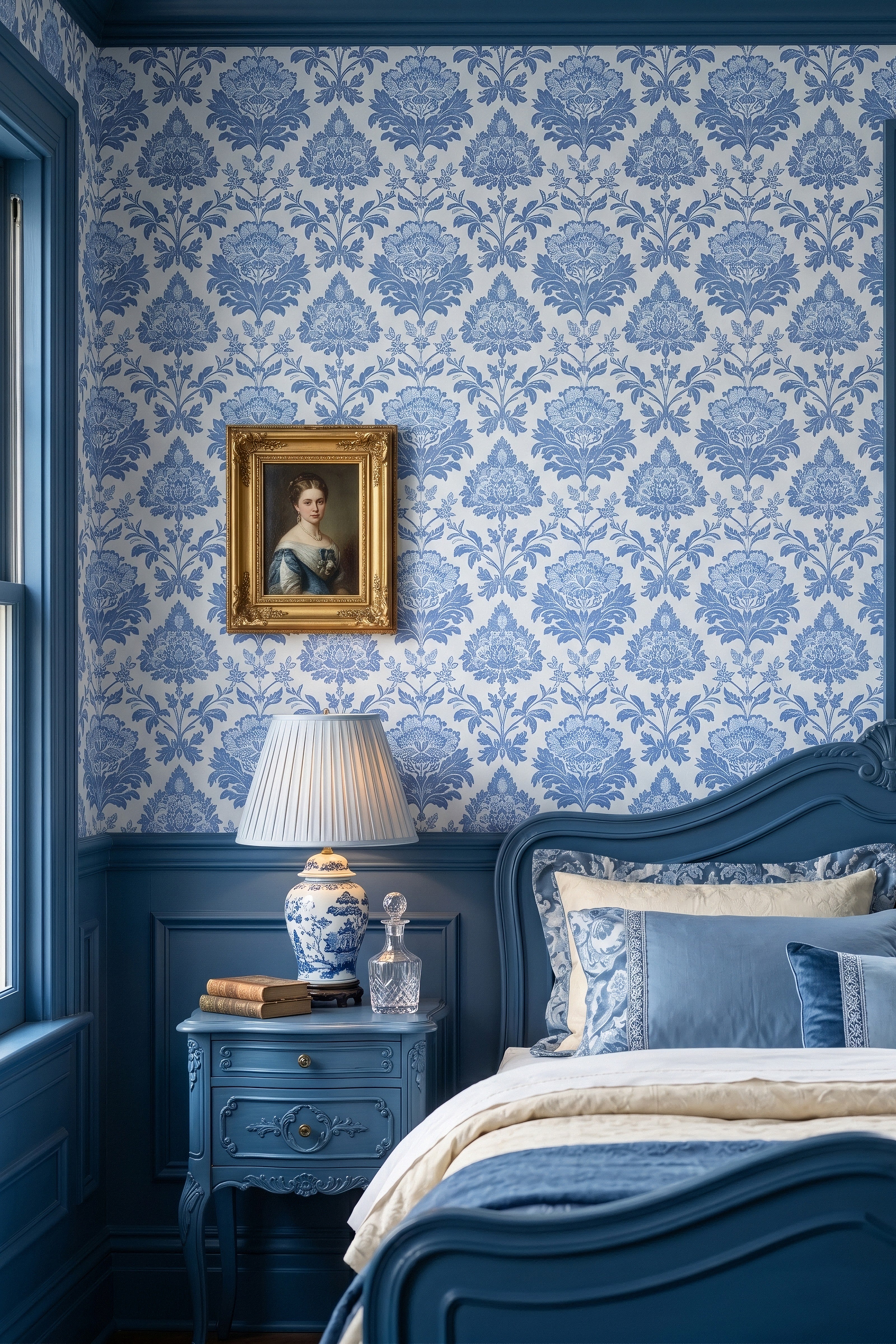 Windsor Damask wallpaper shown in a bedroom