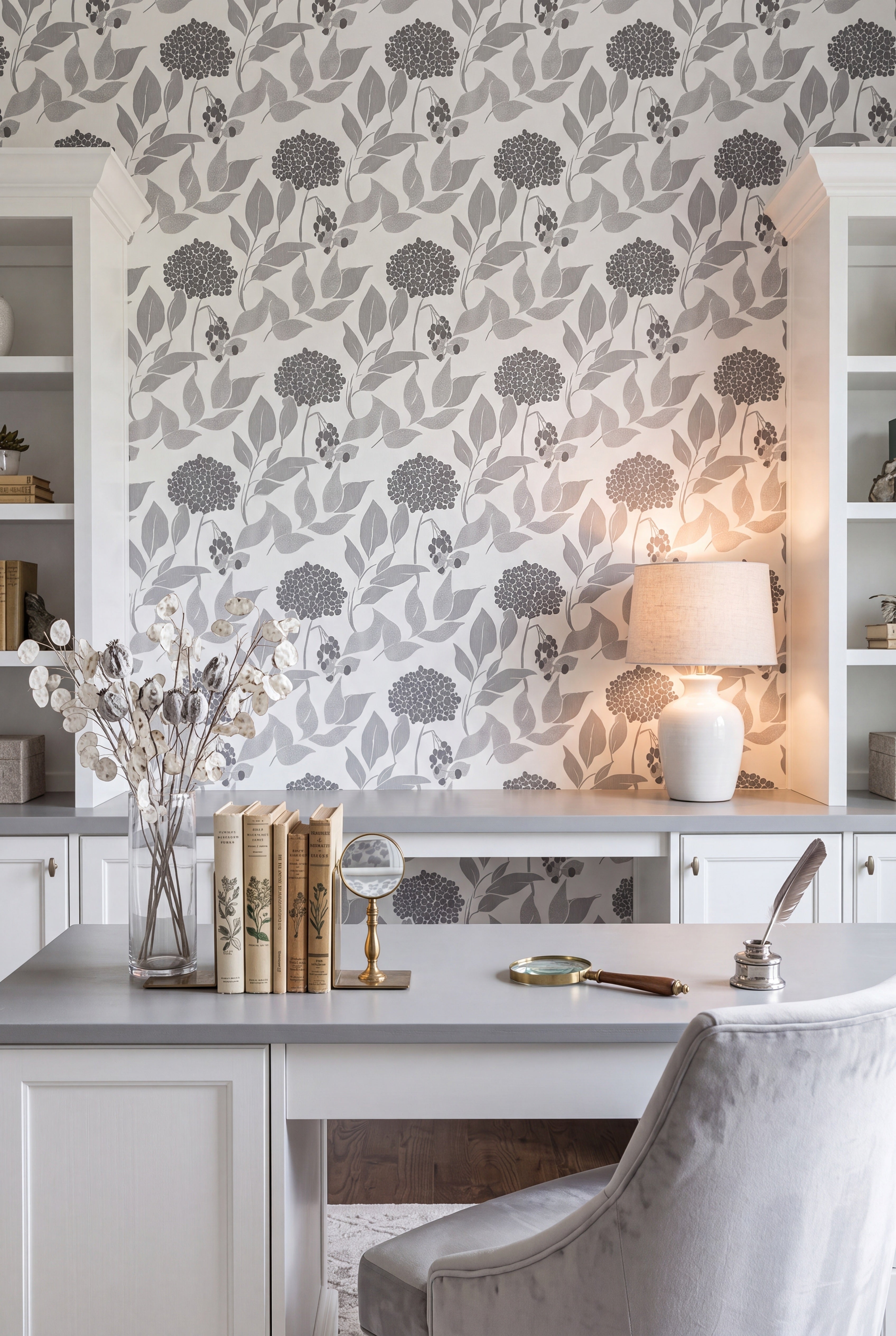 Ash Leaf wallpaper shown in a home office