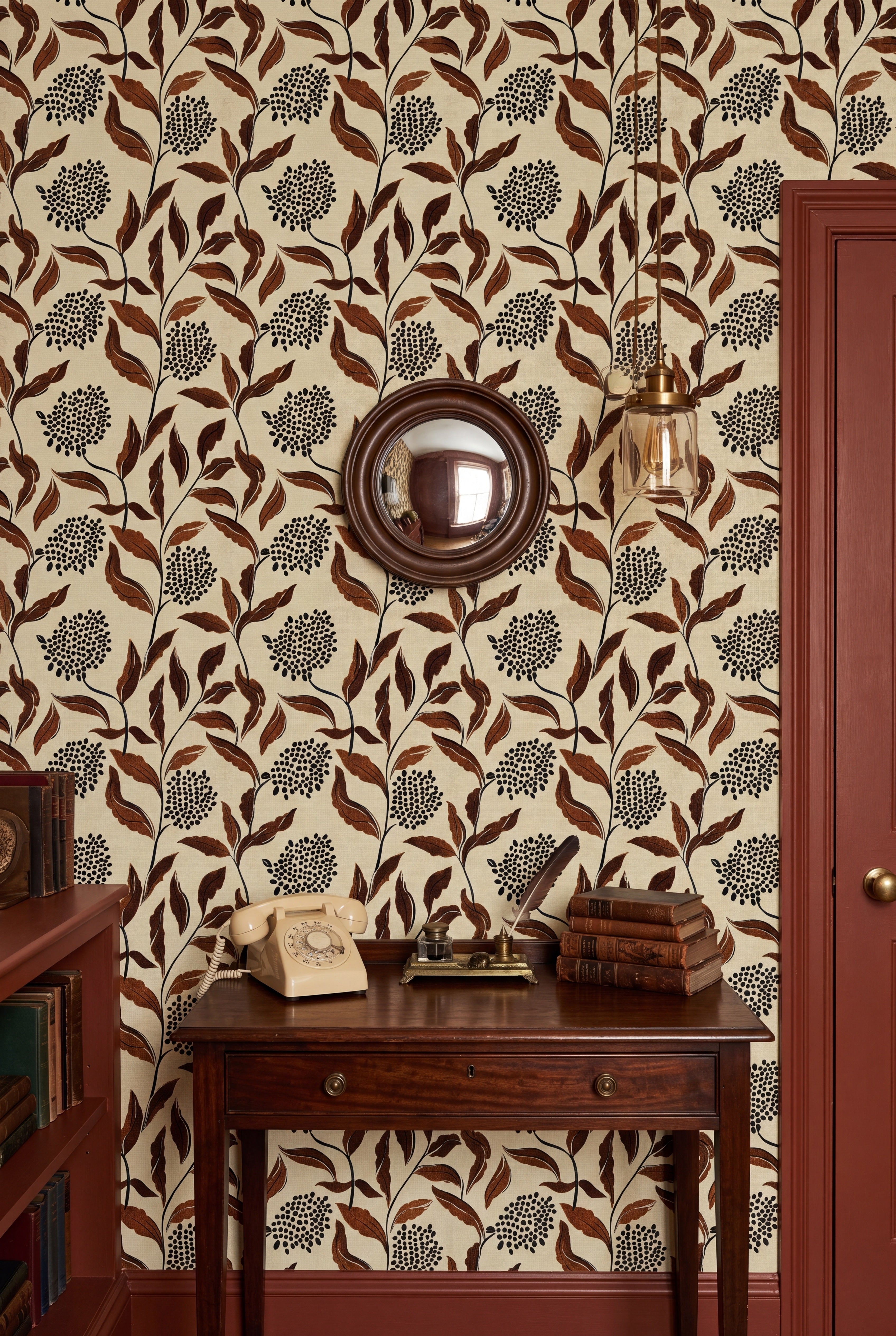 Cinnamon Leaf wallpaper shown in a home office